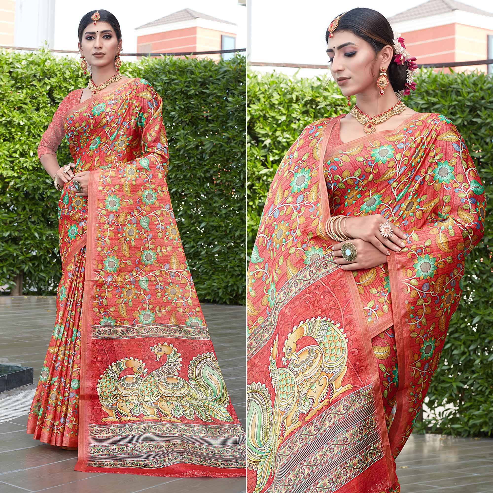 Peach Floral Digital Printed Cotton Silk Saree