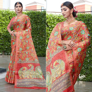 Peach Floral Digital Printed Cotton Silk Saree