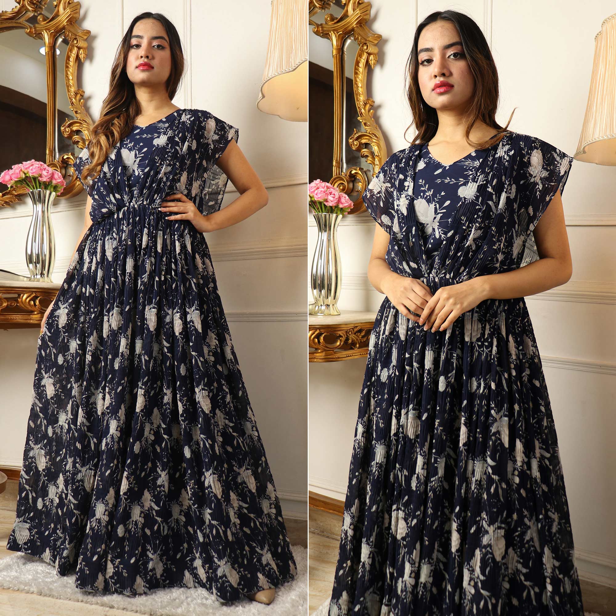 Blue Floral Printed Georgette Gown