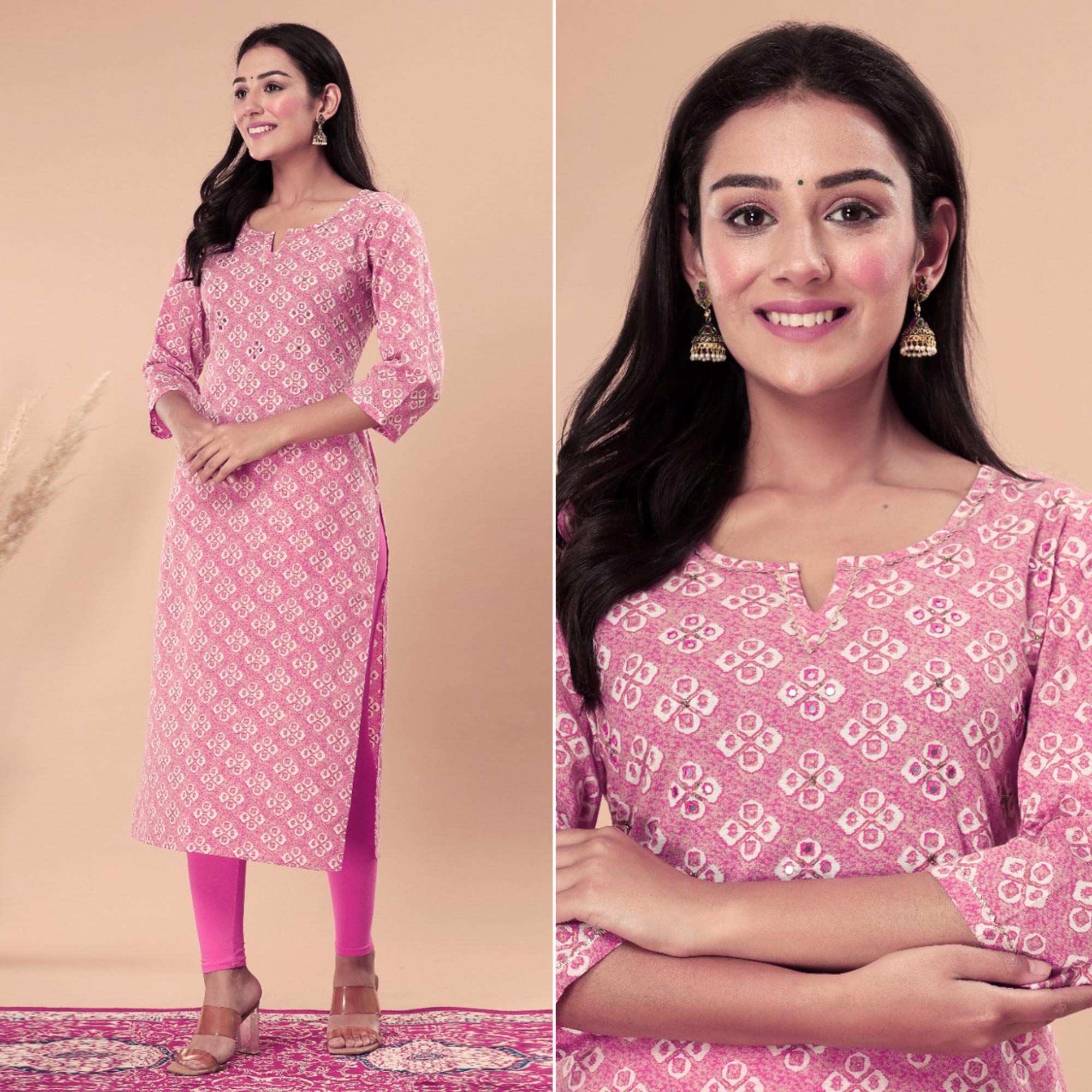 Pink Bandhani Printed Pure Cotton Kurti