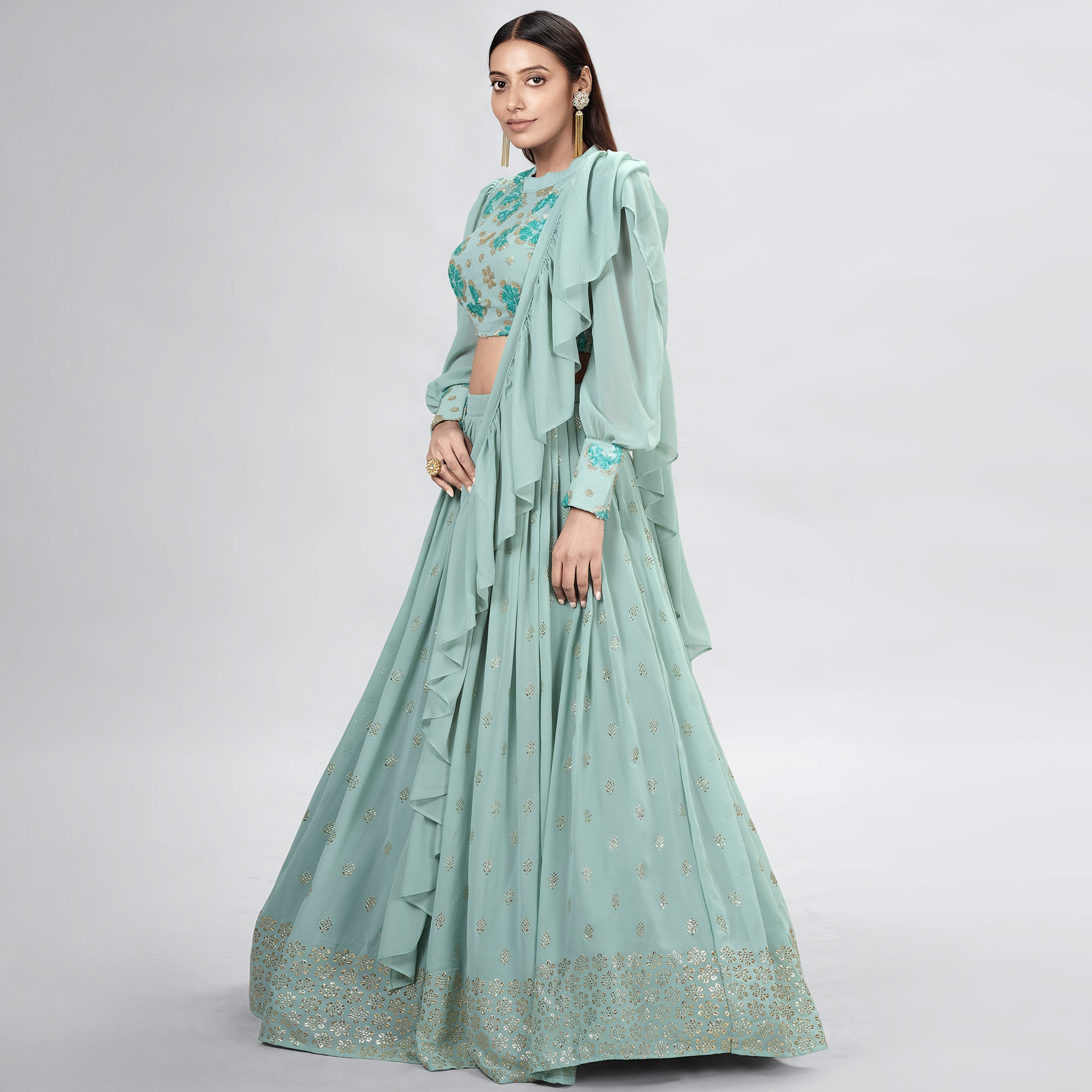 Aqua Green Embellished With Embroidered Georgette Lehenga Choli