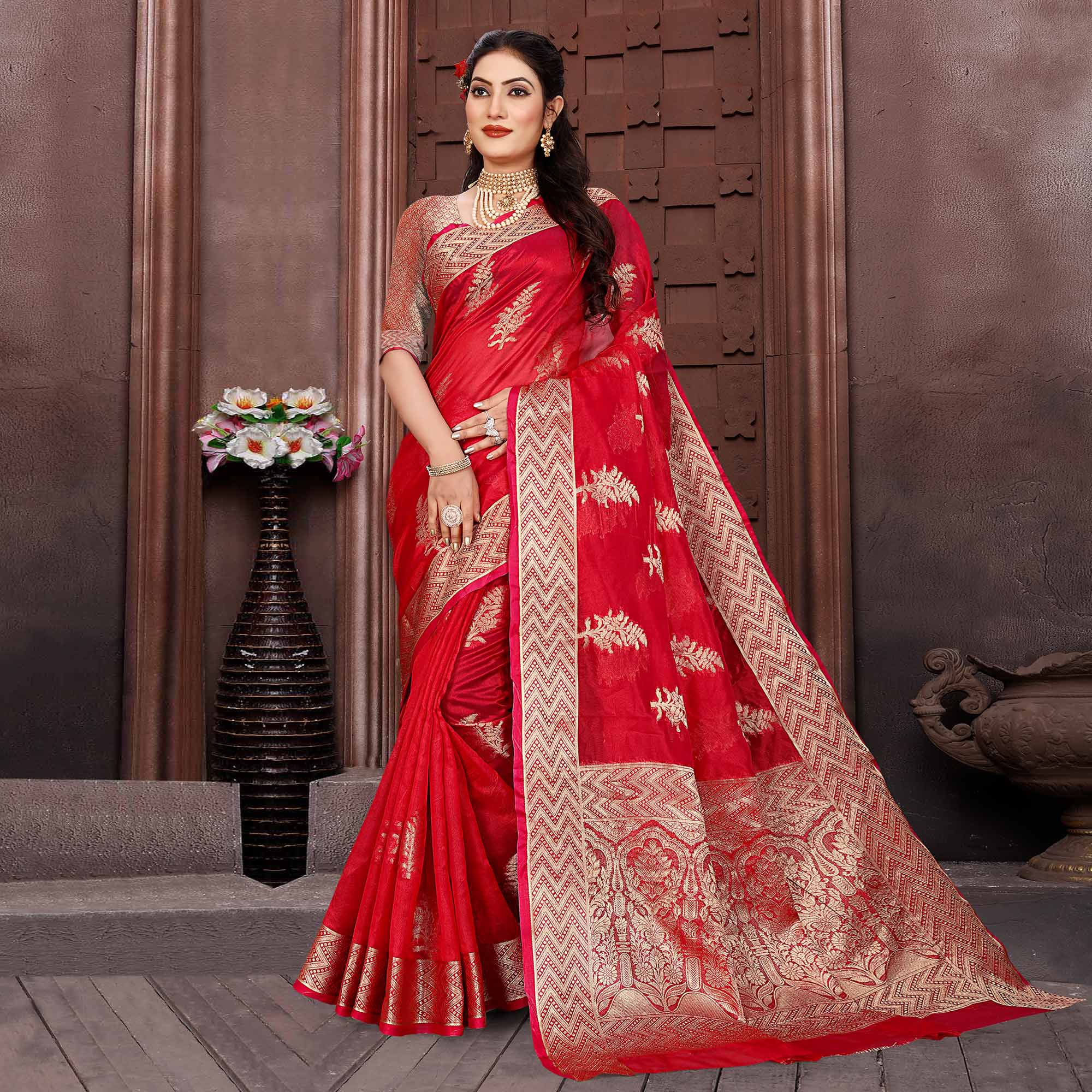 Red Floral Woven Organza Saree