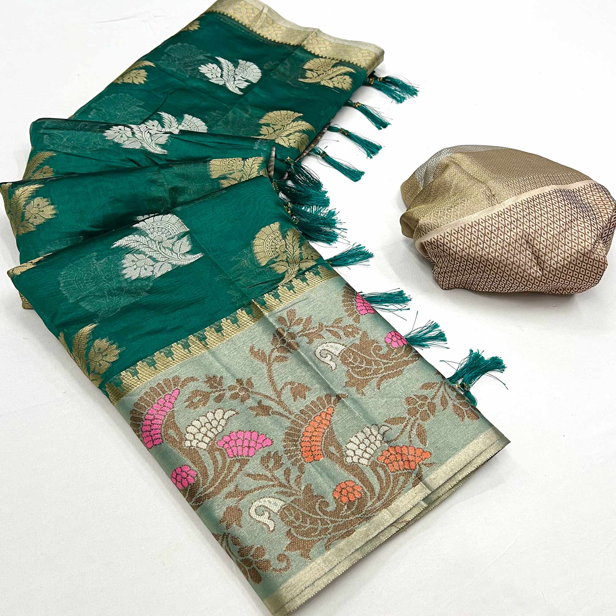 Green Floral Woven Organza Saree With Tassels