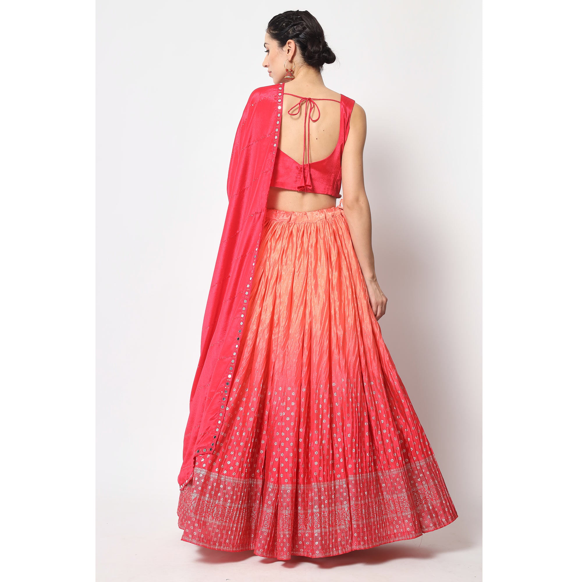 Peach & Pink Foil Printed Chiffon Lehenga Choli