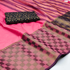 Pink Woven Cotton Silk Saree With Tassels