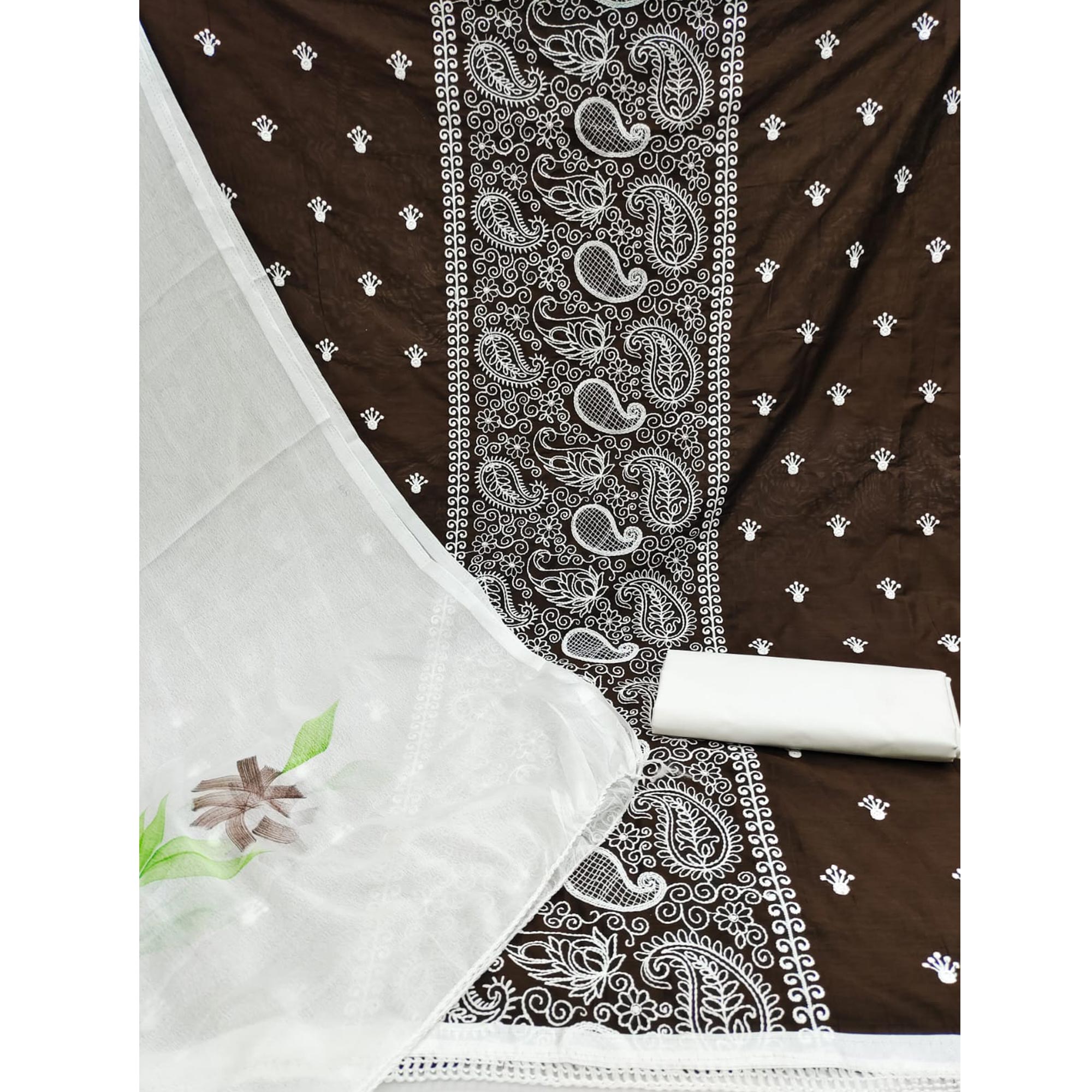 Brown Embroidered Cotton Blend Dress Material