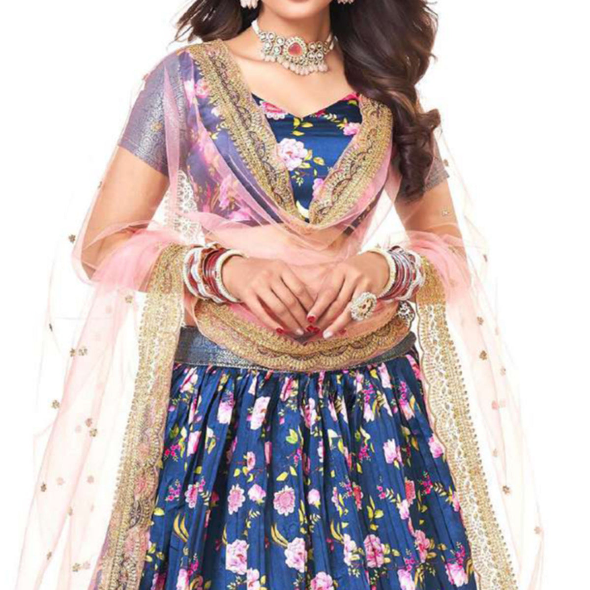Royal Blue Digital Printed With Zari Work Art Silk Lehenga Choli