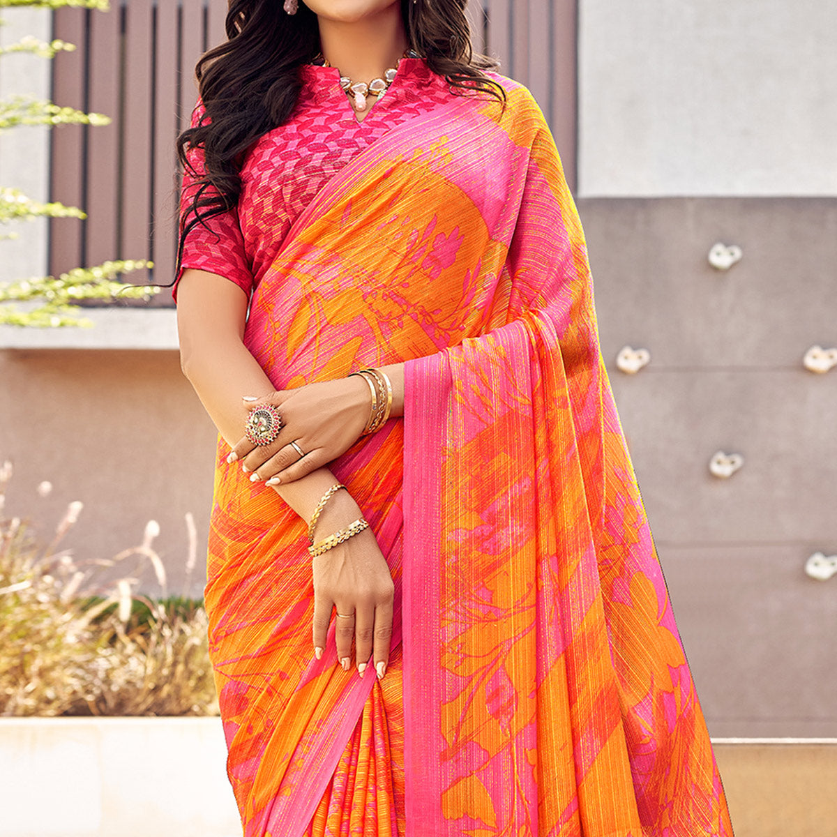 Mustard Pink Printed Chiffon Saree