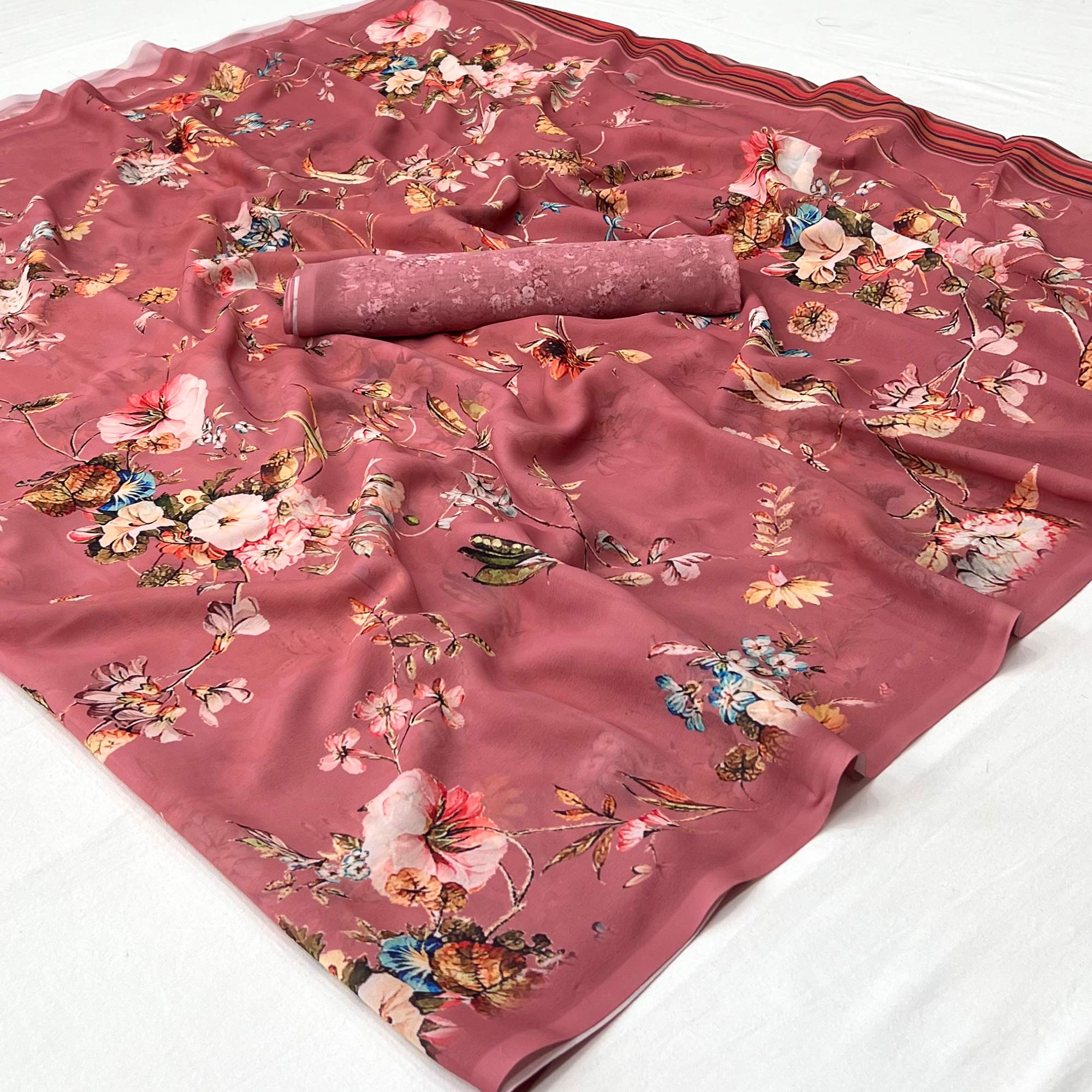 Light Salmon Pink Floral Digital Printed Georgette Saree