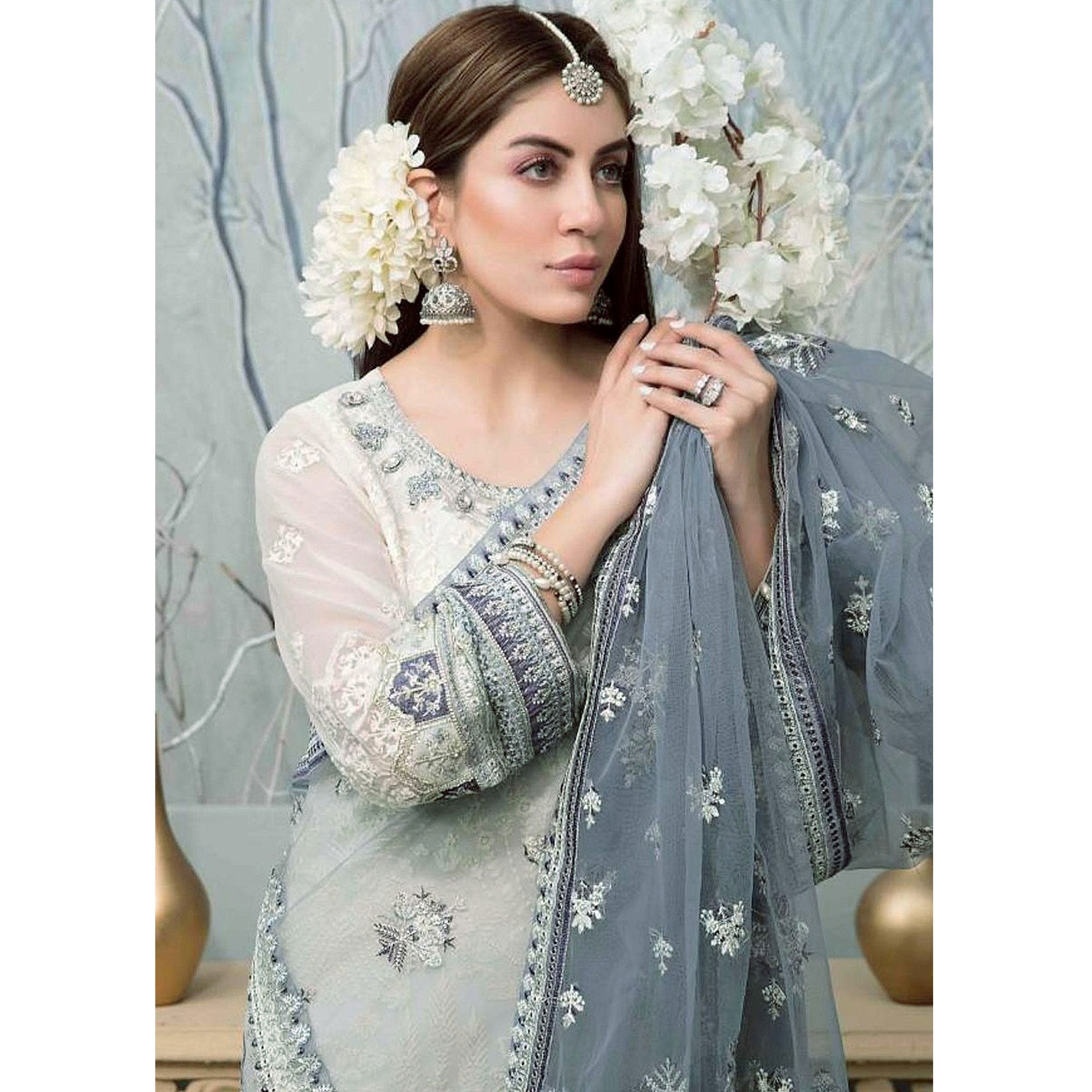 White Embroidered Georgette Pakistani Suit