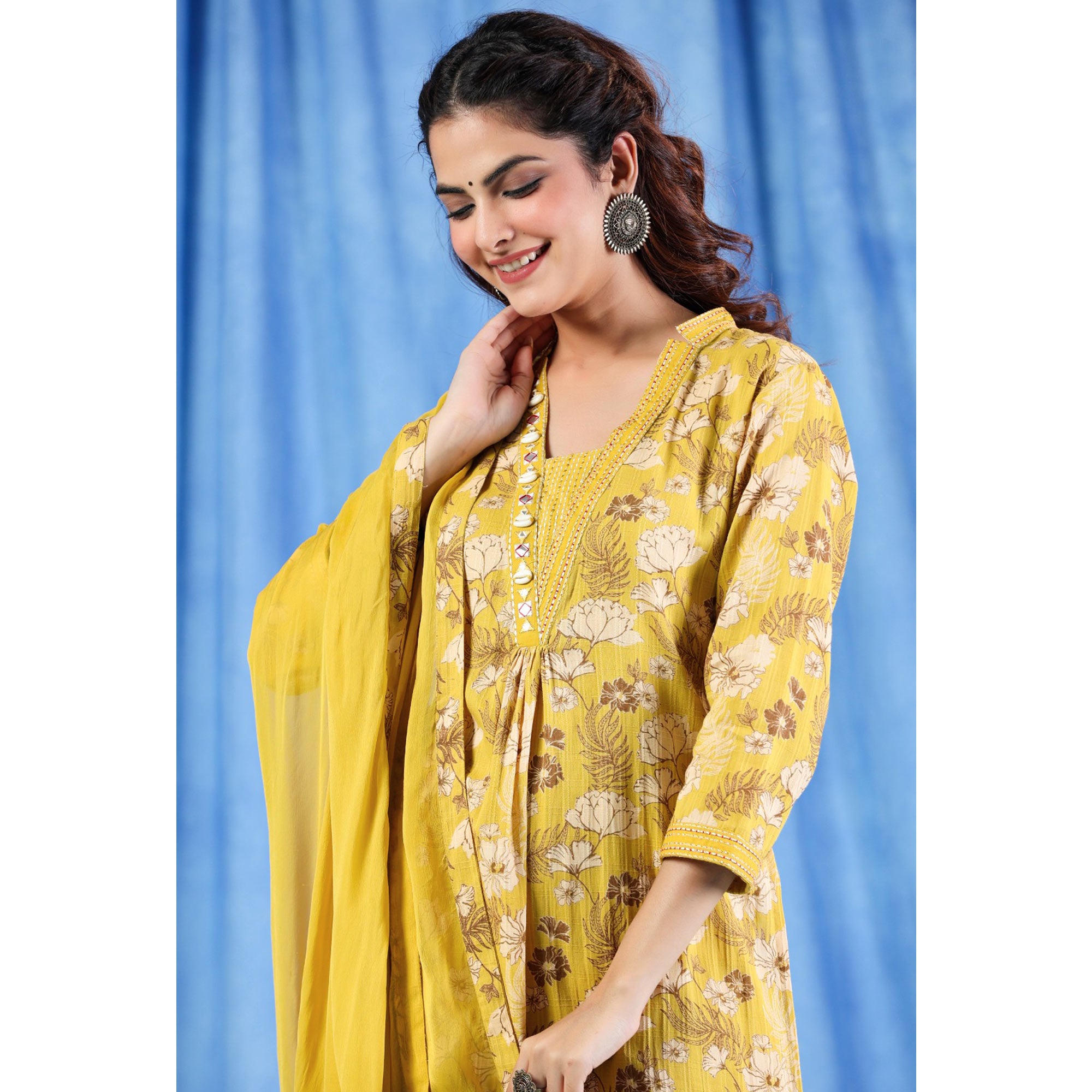 Yellow Floral Printed Pure Cotton Suit