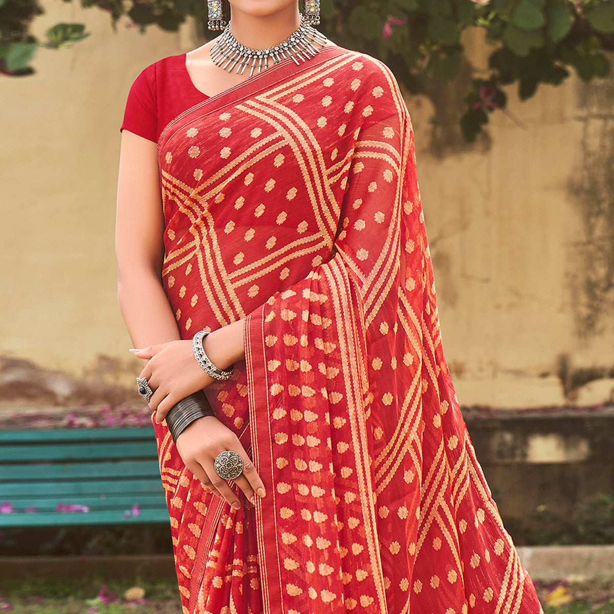 Red Printed Chiffon Saree