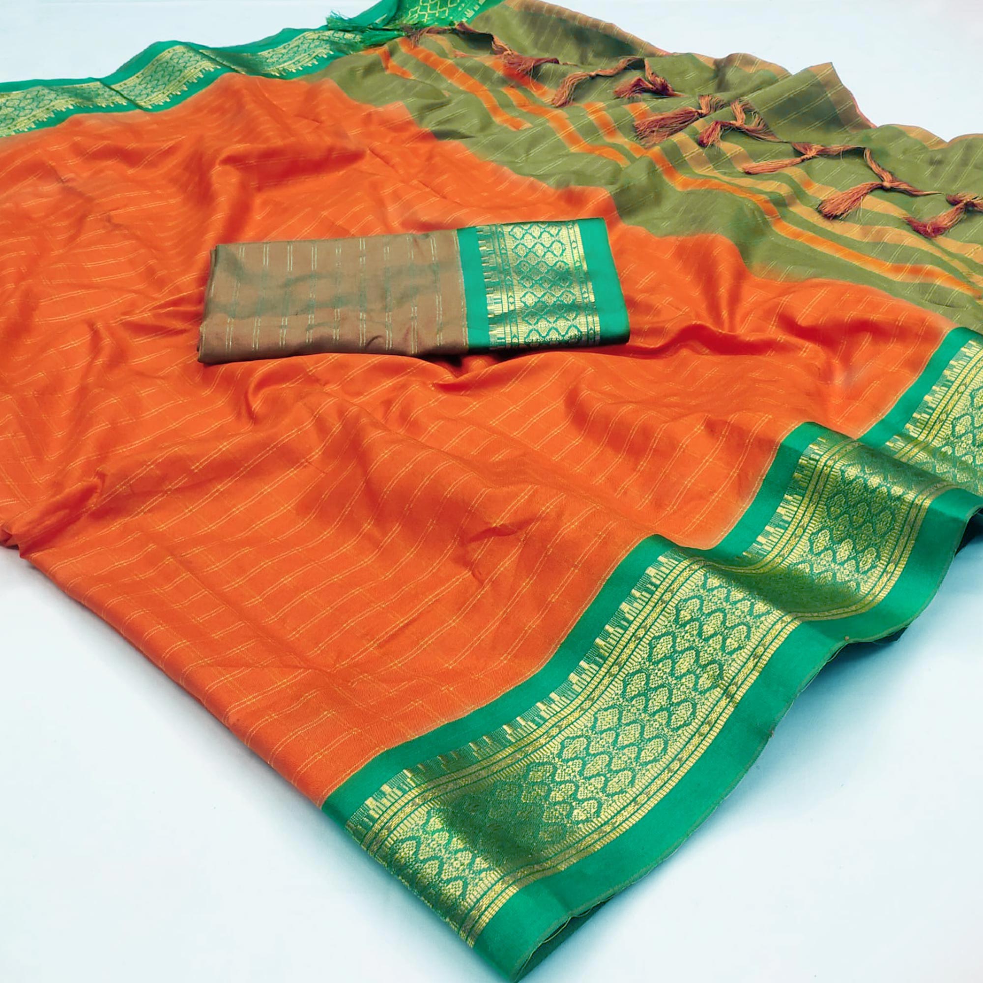 Orange Checks With Woven Border Cotton Silk Saree