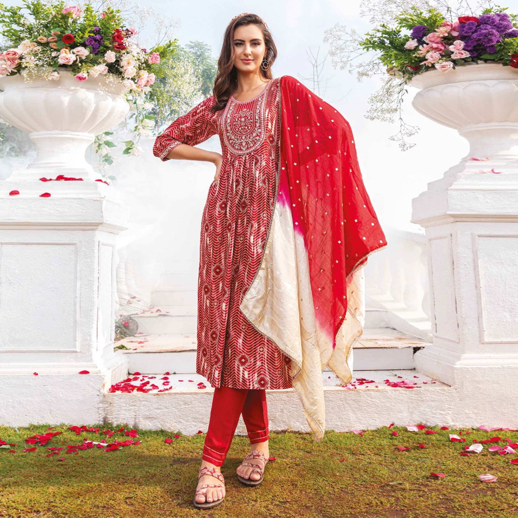 Red Foil Printed Rayon Naira Cut Suit