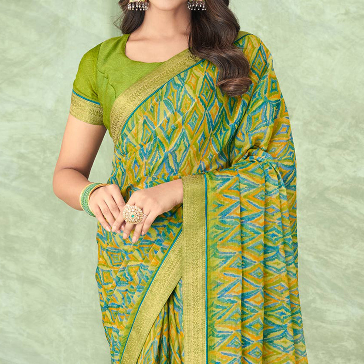 Olive Green Digital Printed Chiffon Saree With Lace Border