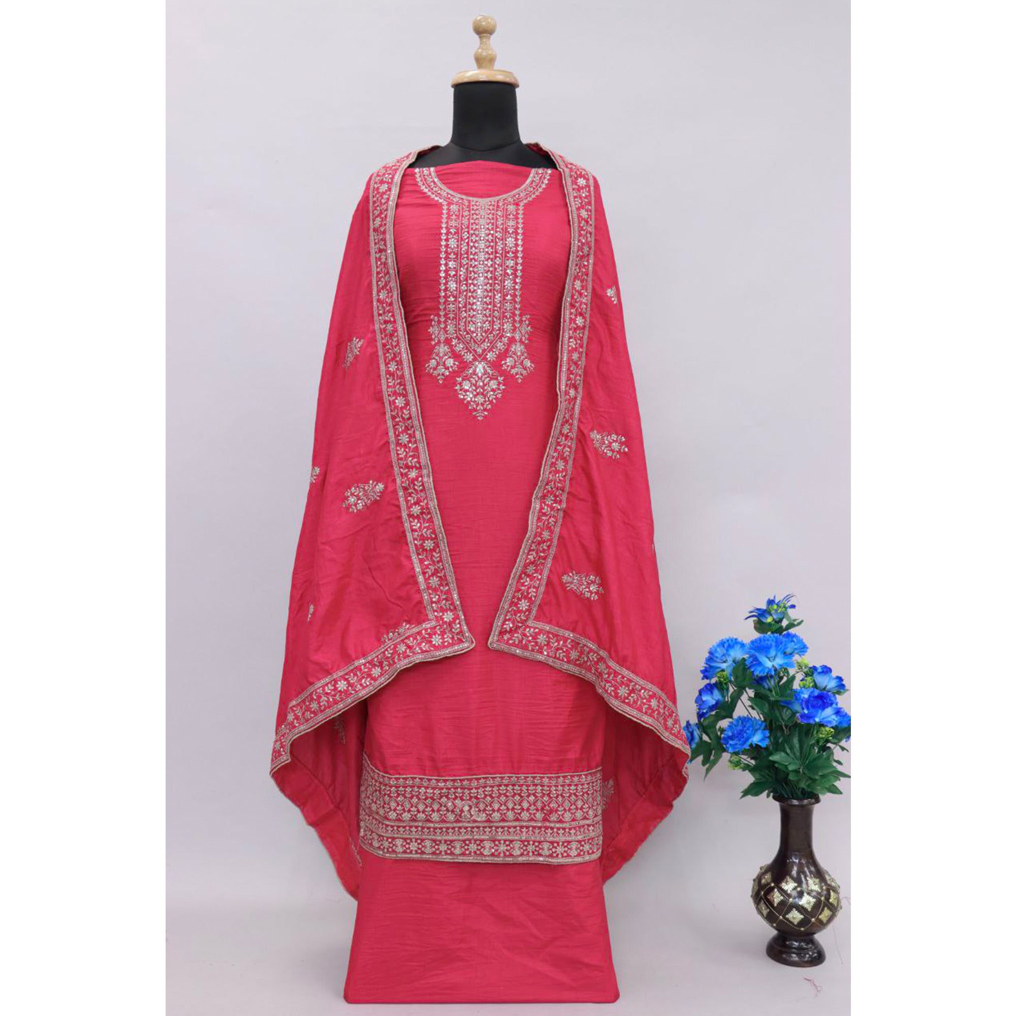 Red Embroidered Dola Silk Salwar Suit