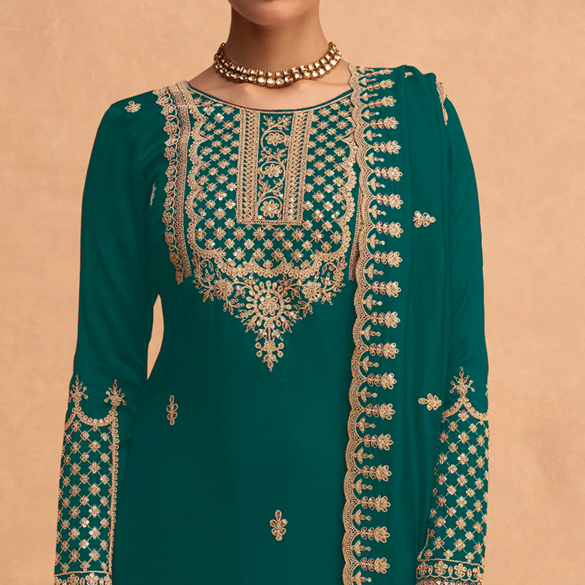 Rama Green Sequins Embroidered Georgette Palazzo Suit
