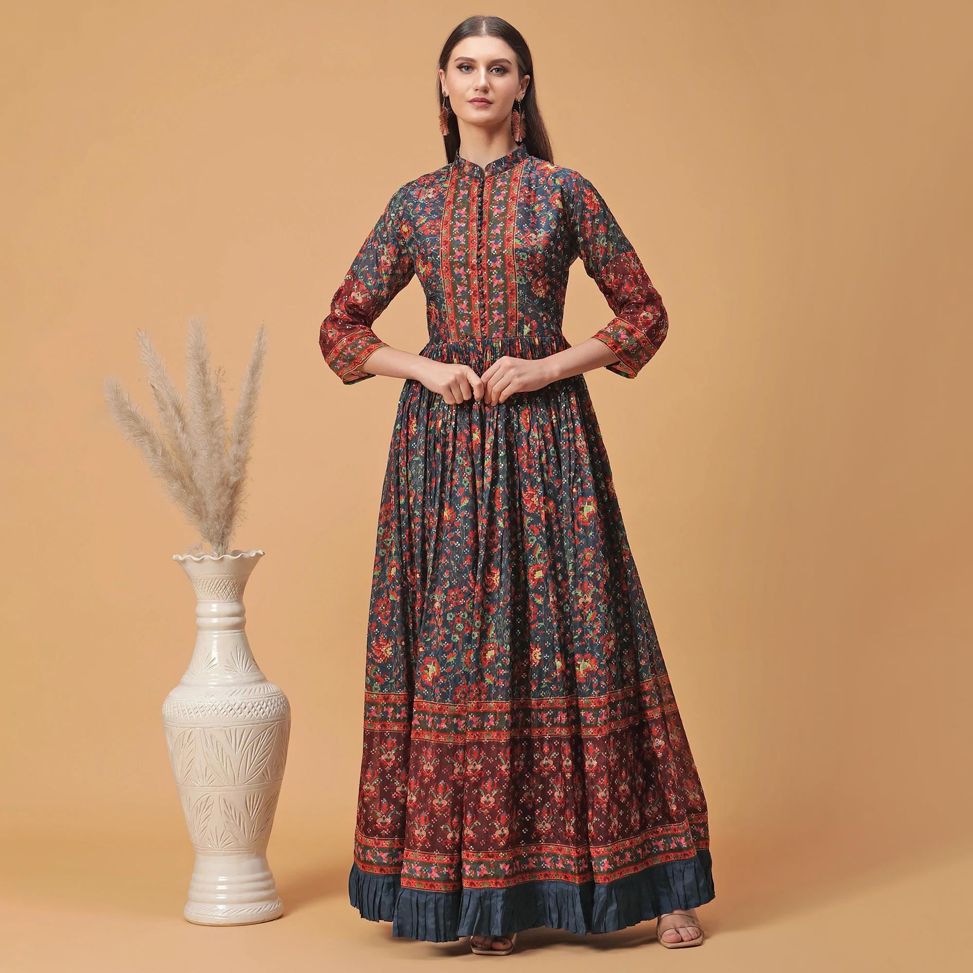 Navy Blue Digital Printed Dola Silk Gown