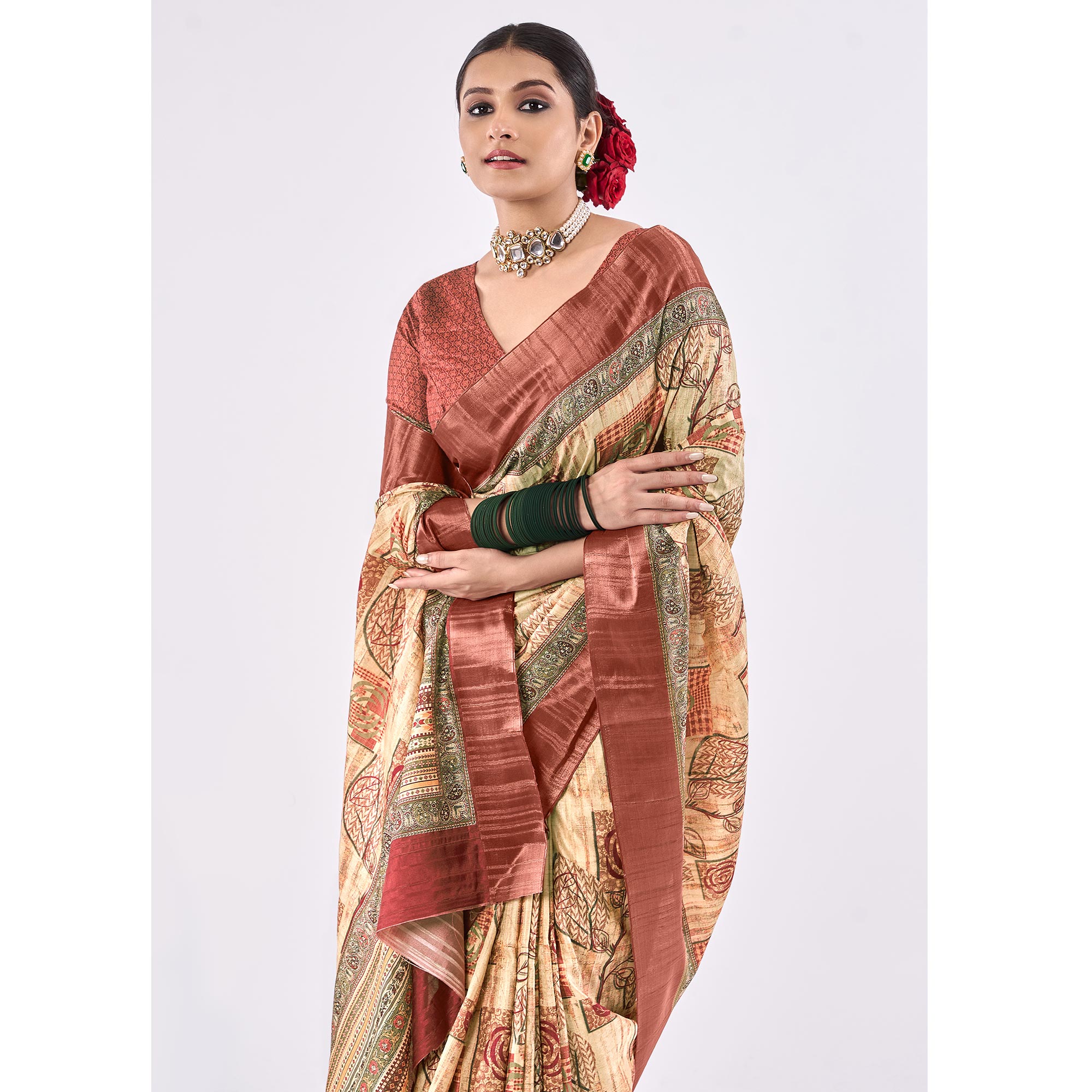 Beige Printed Art Silk Saree