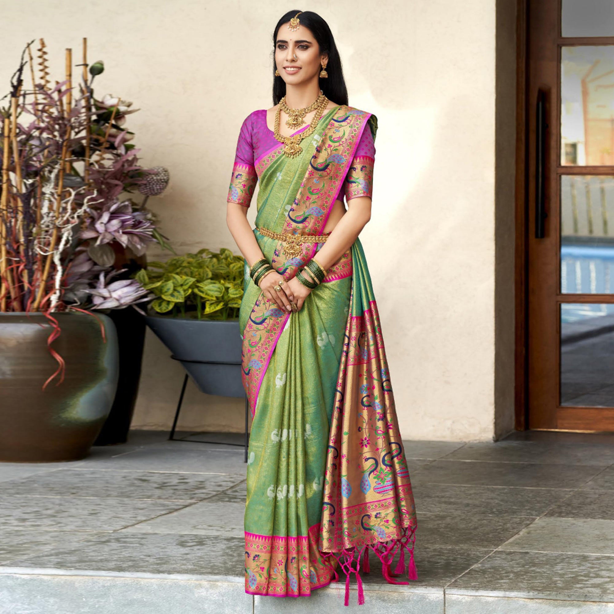 Green Woven Kanjivaram Silk Paithani Saree With Tassels