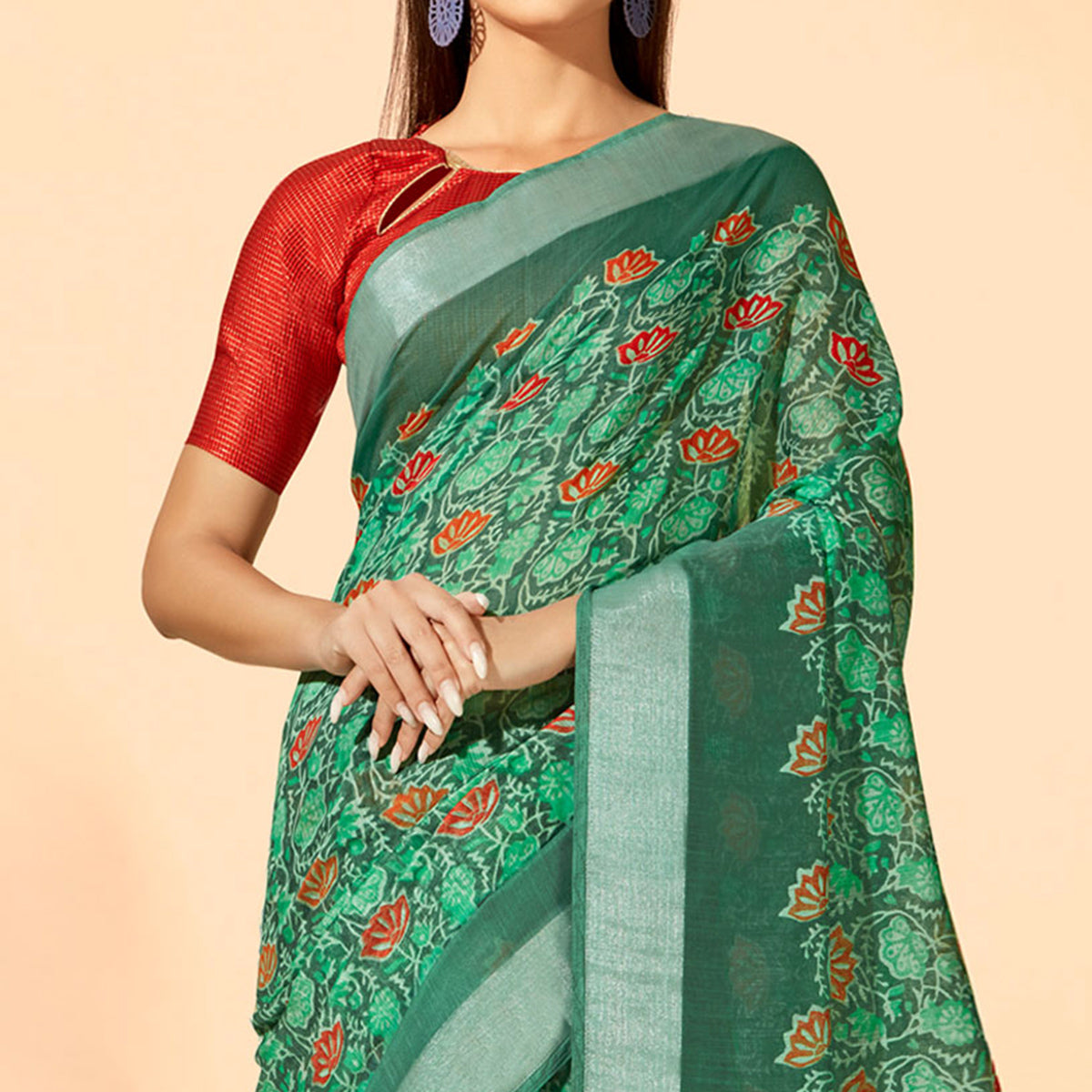 Green Printed Cotton Silk Saree With Tassels