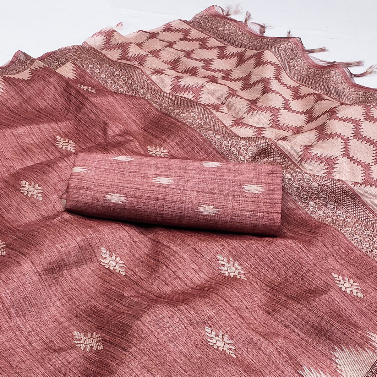Dusty Pink Printed Tussar Silk Saree With Tassels