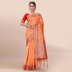 Orange Woven Organza Saree With Tassels