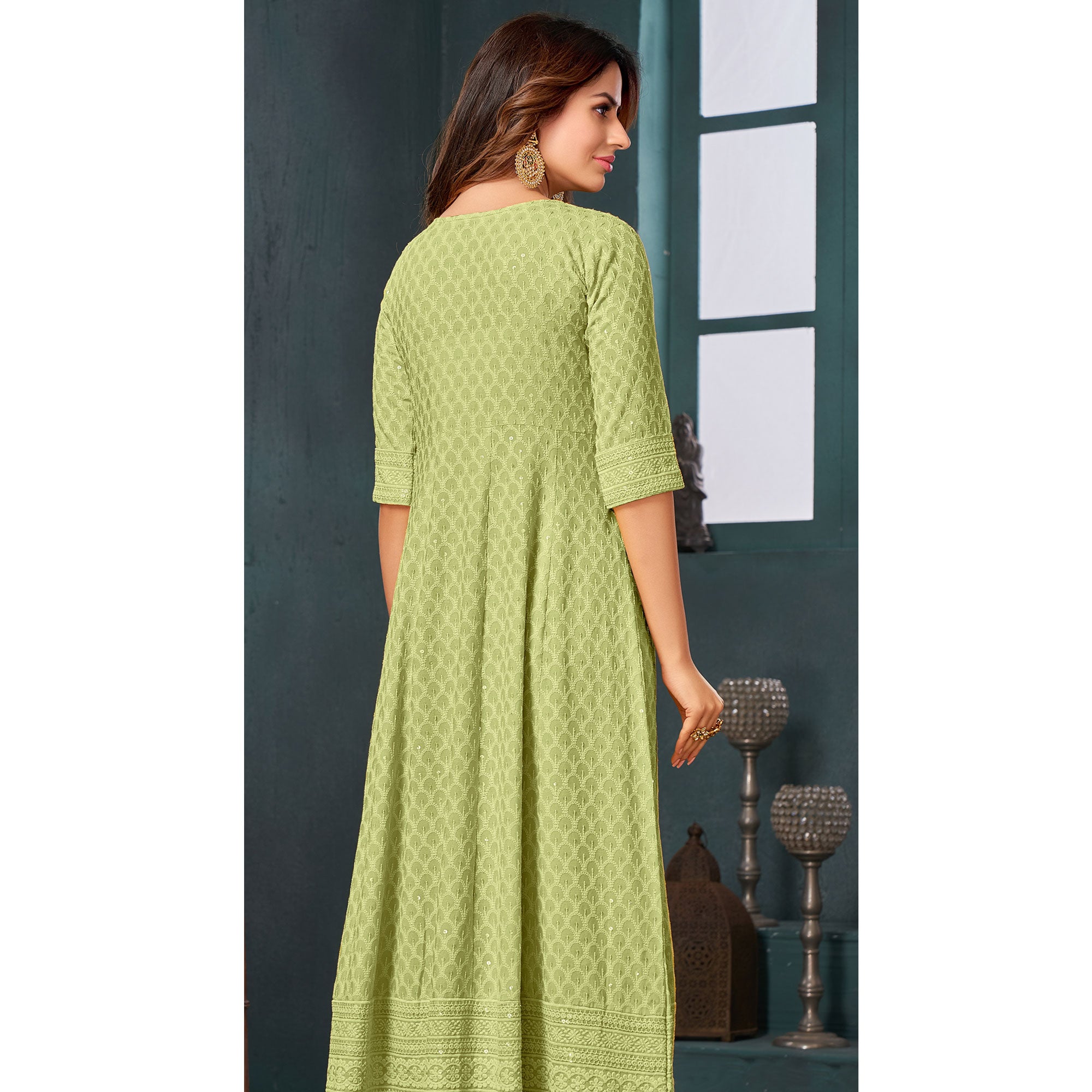 Green Chikankari Work Aanarkali Style Rayon Kurti
