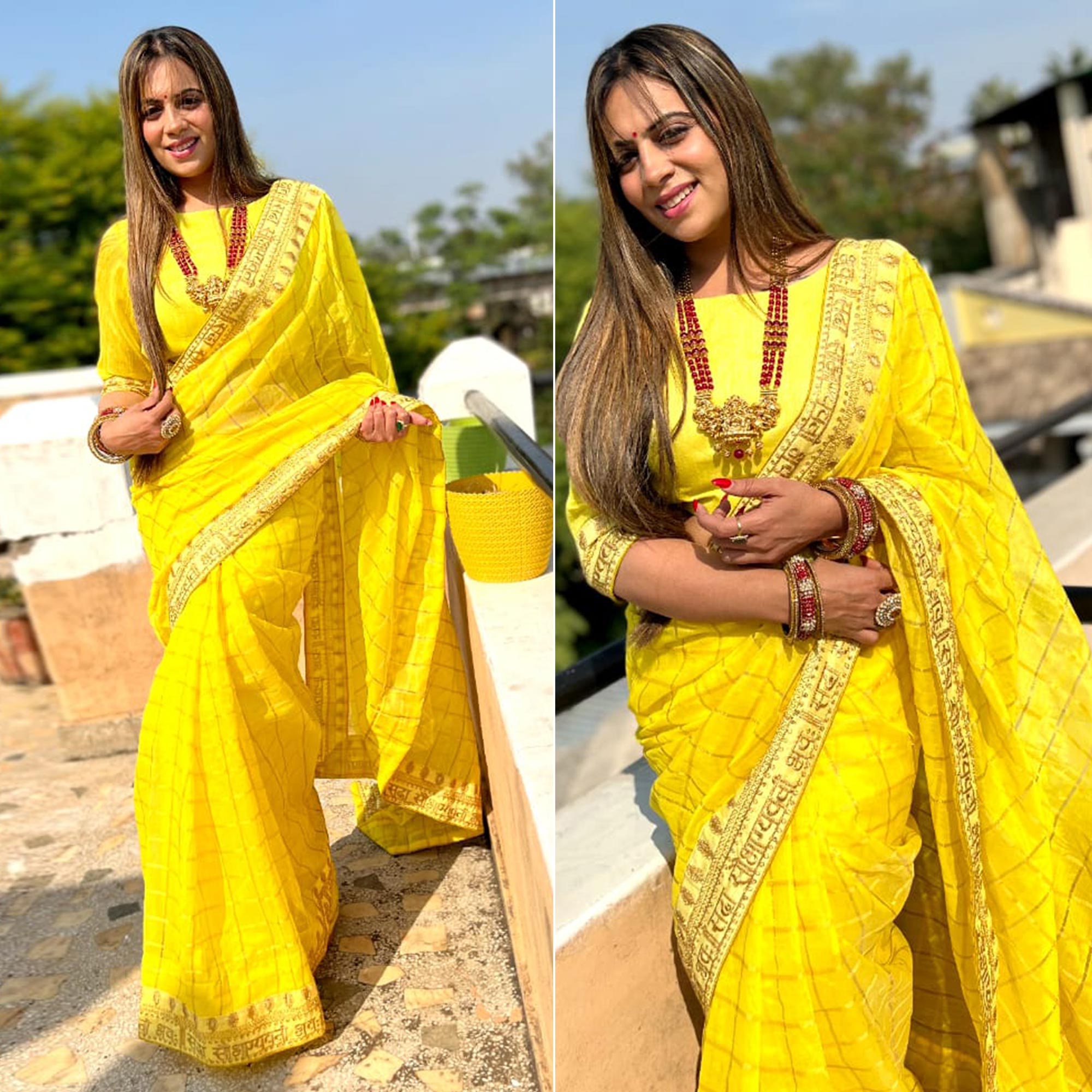 Lemon Yellow Checks With Embroidered Border Modal Saree