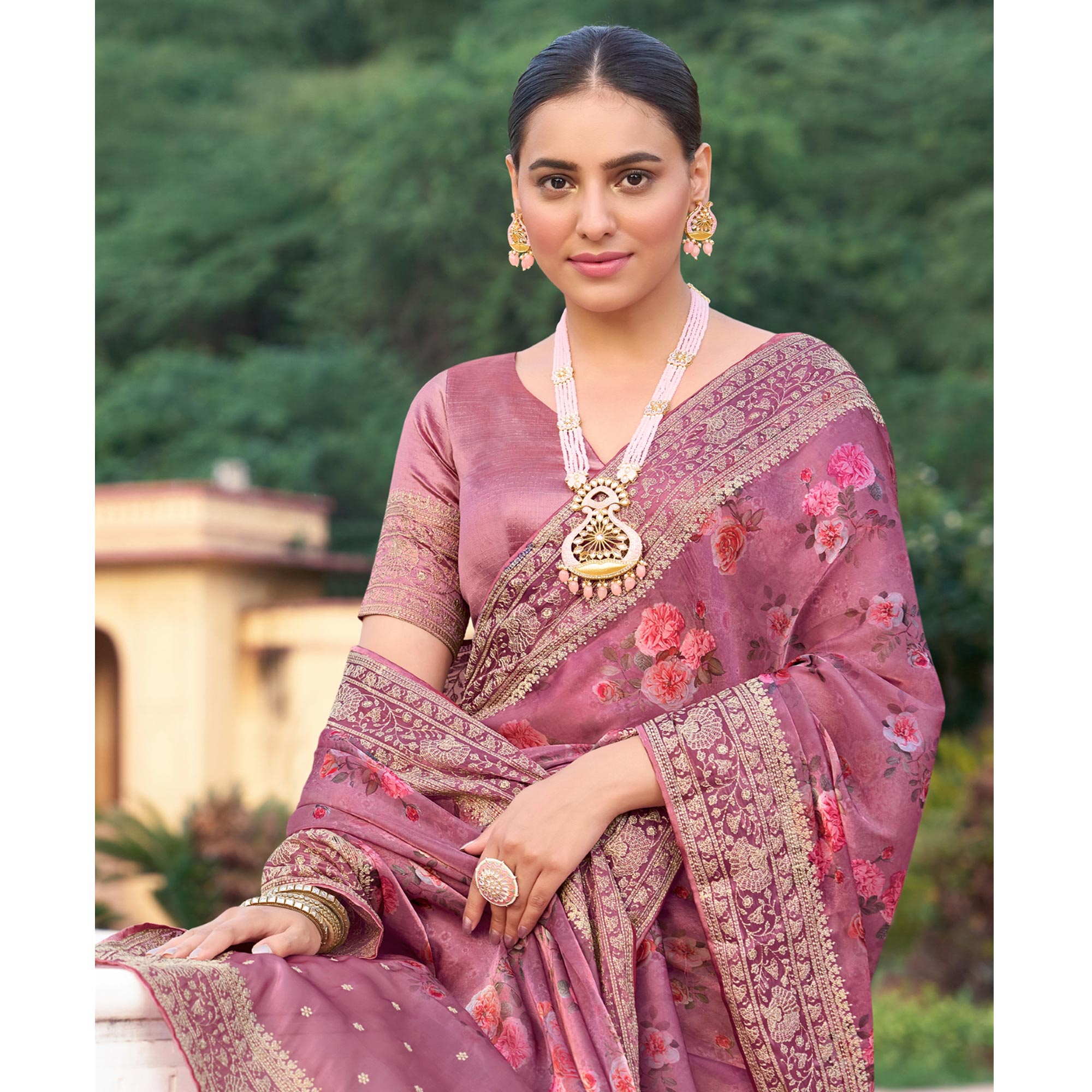 Pink Floral Printed With Embroidered Organza Saree