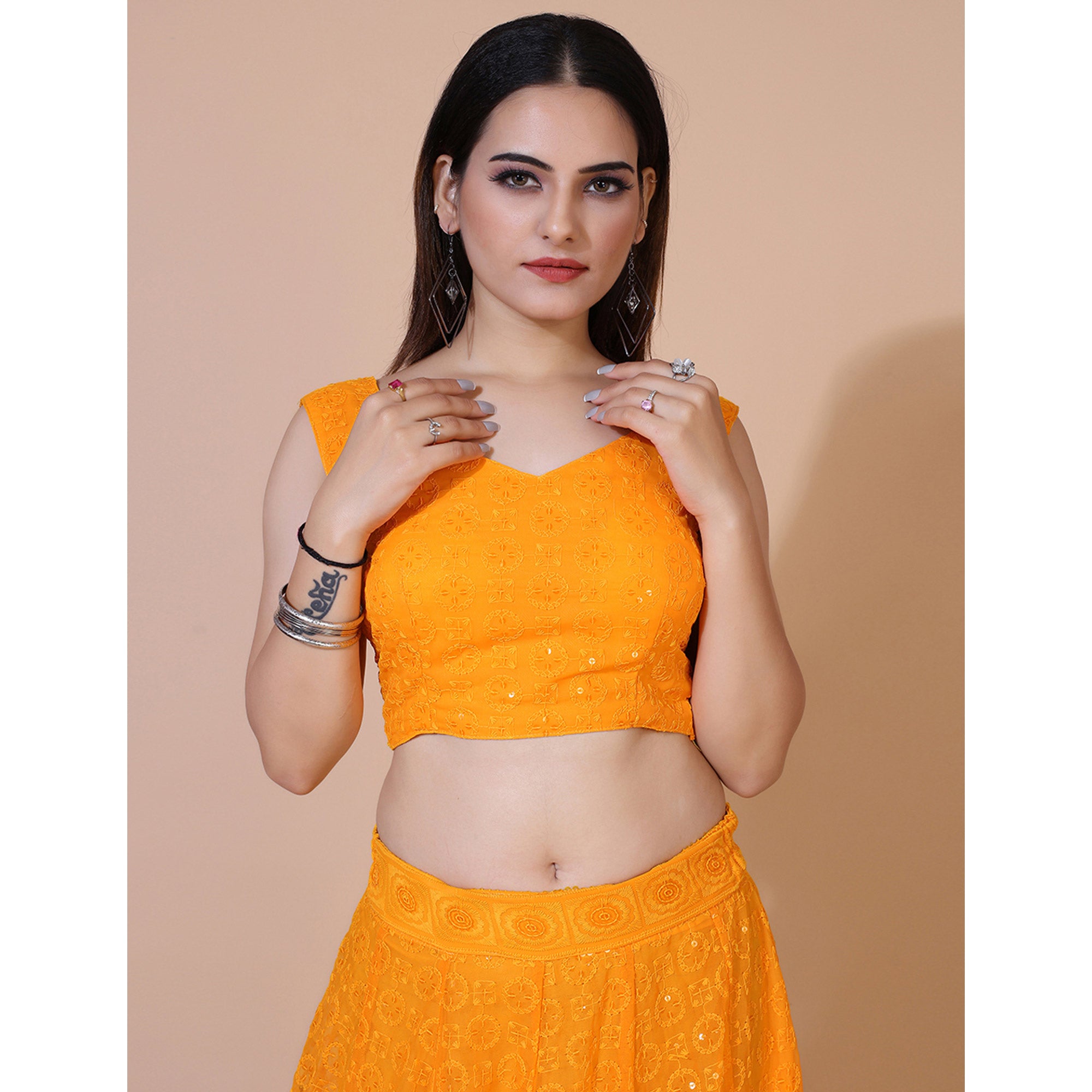Orange Lucknowi Chikankari Work Georgette Lehenga Choli