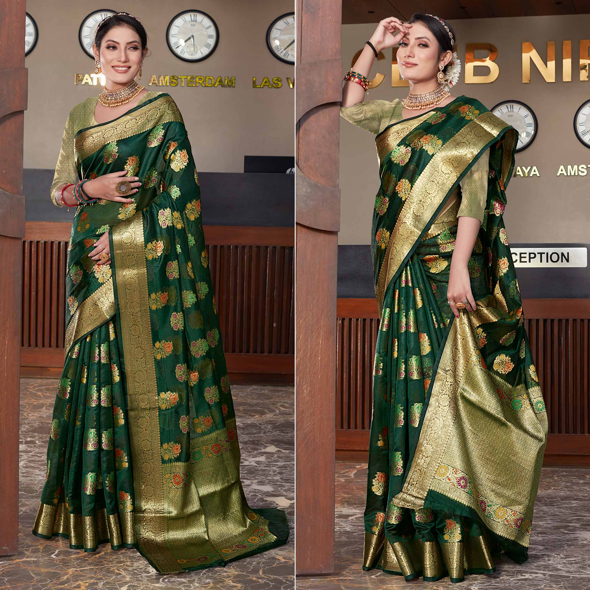 Bottle Green Floral Woven Organza Saree