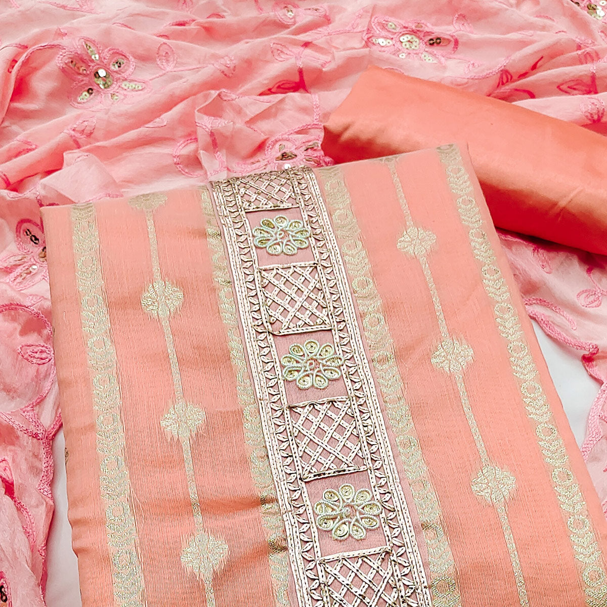 Peach Woven Banarasi Silk Dress Material