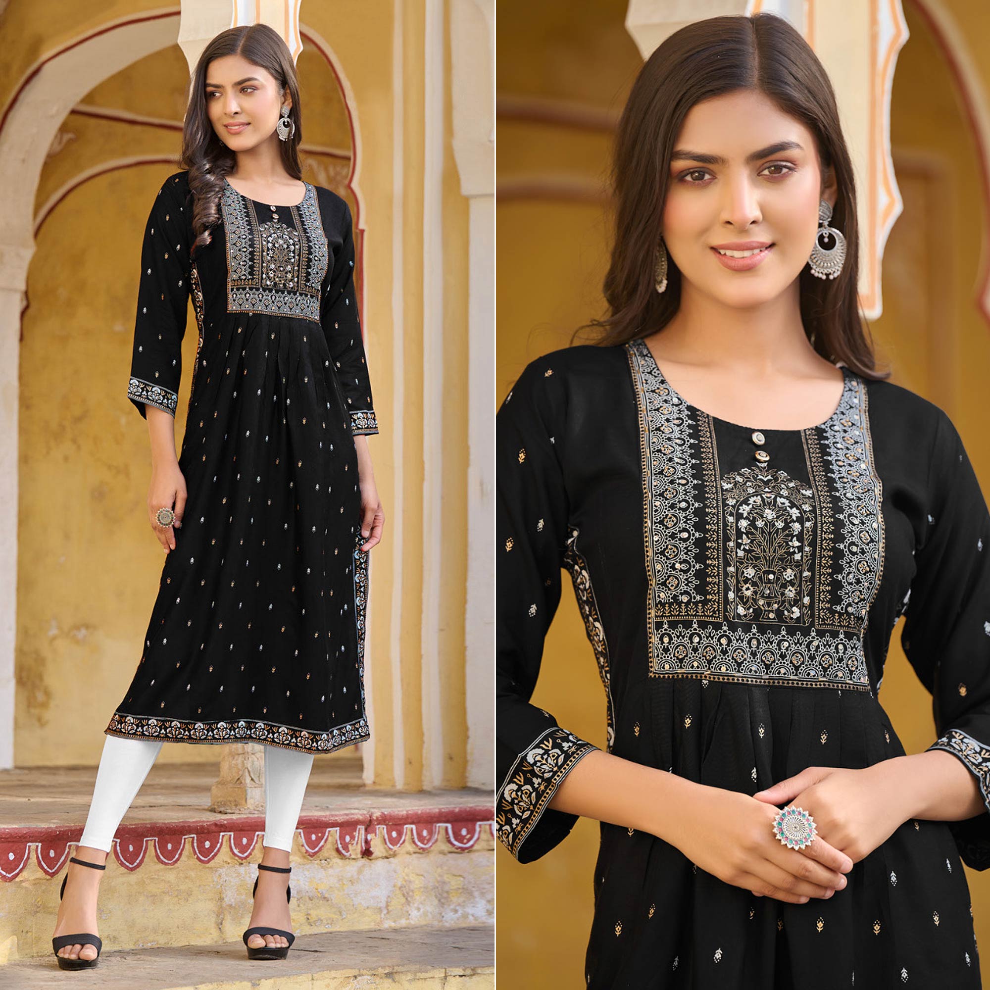 Black Printed Rayon Naira Cut Kurti