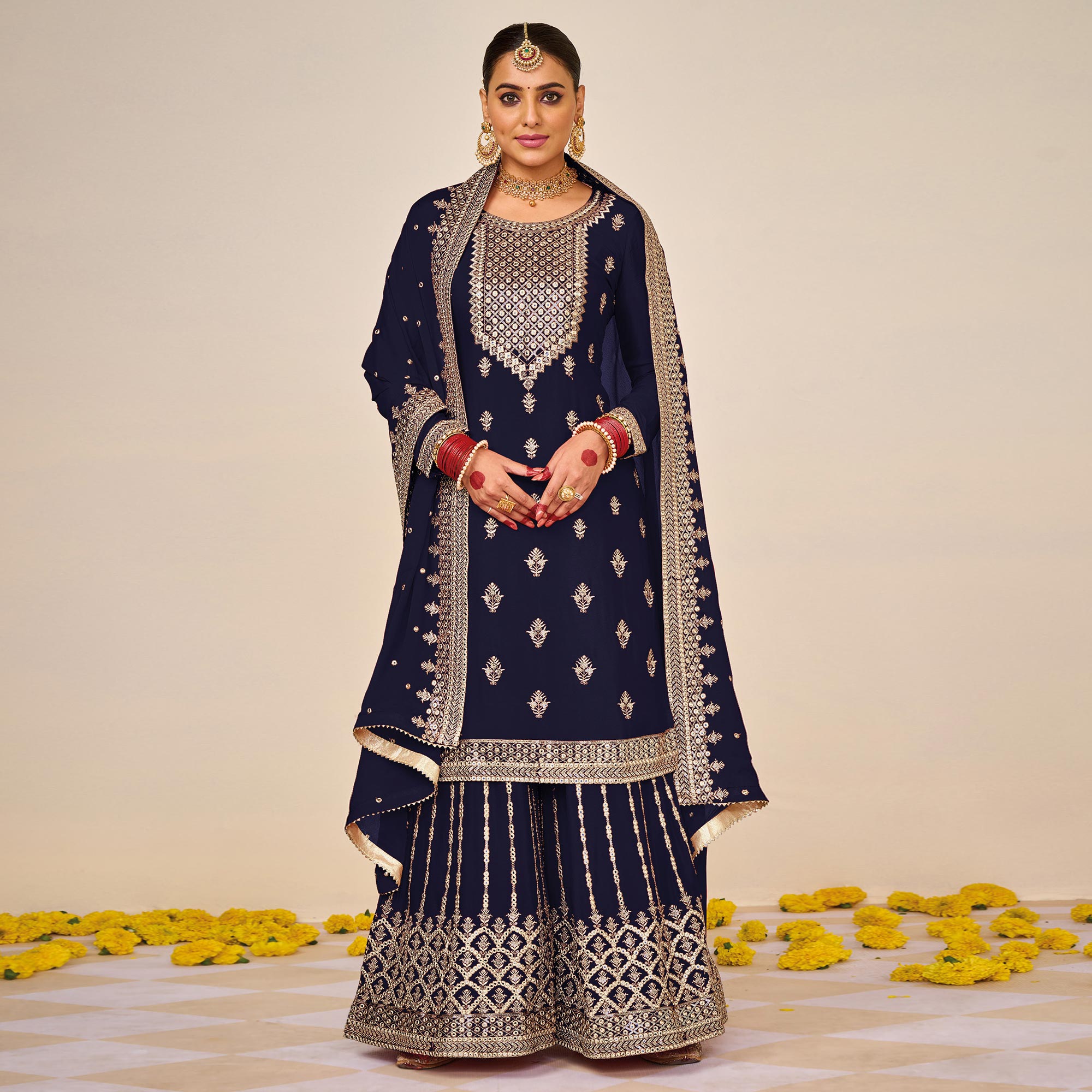 Blue Embroidered Georgette Sharara Suit
