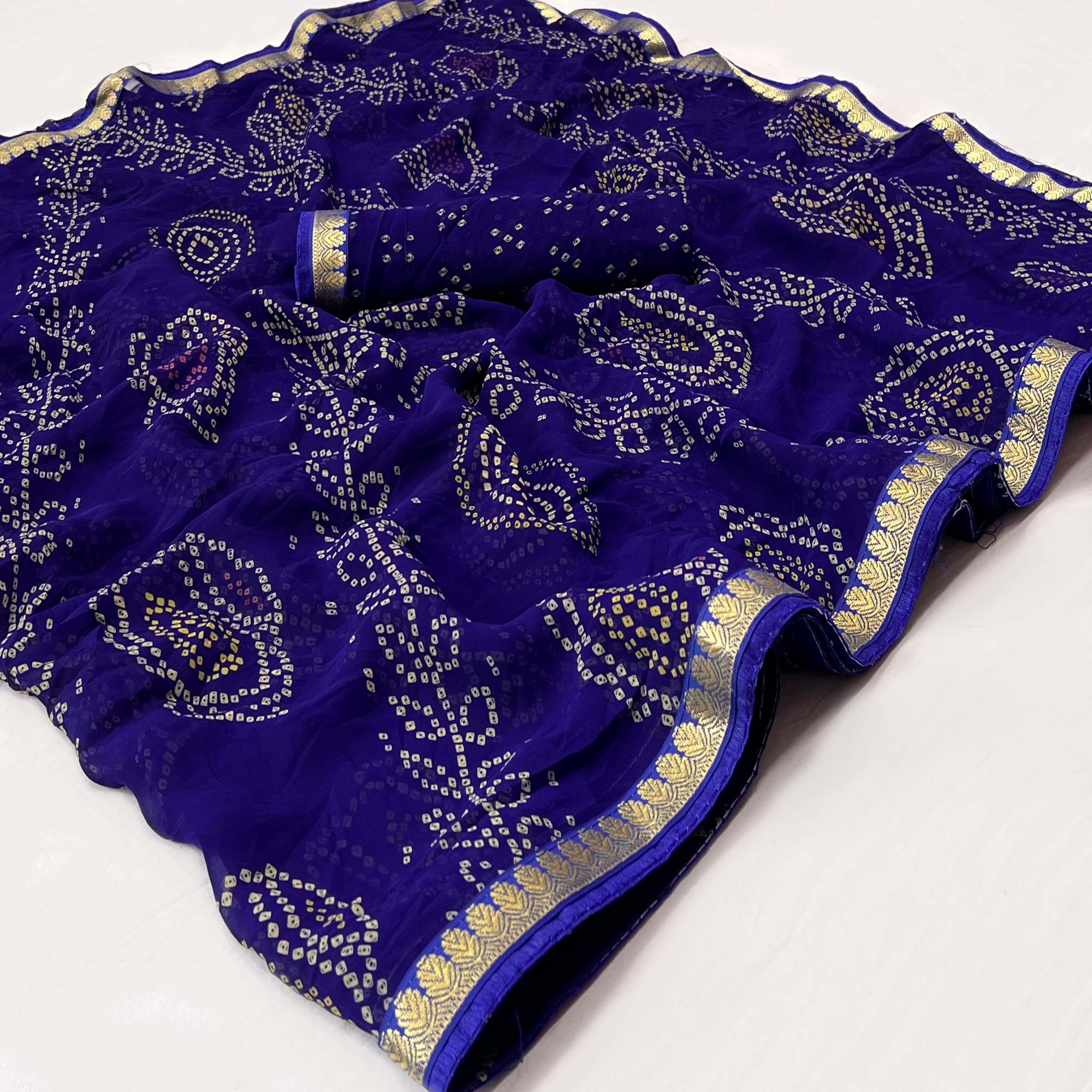 Royal Blue Bandhani Printed Georgette Saree With Designer Border