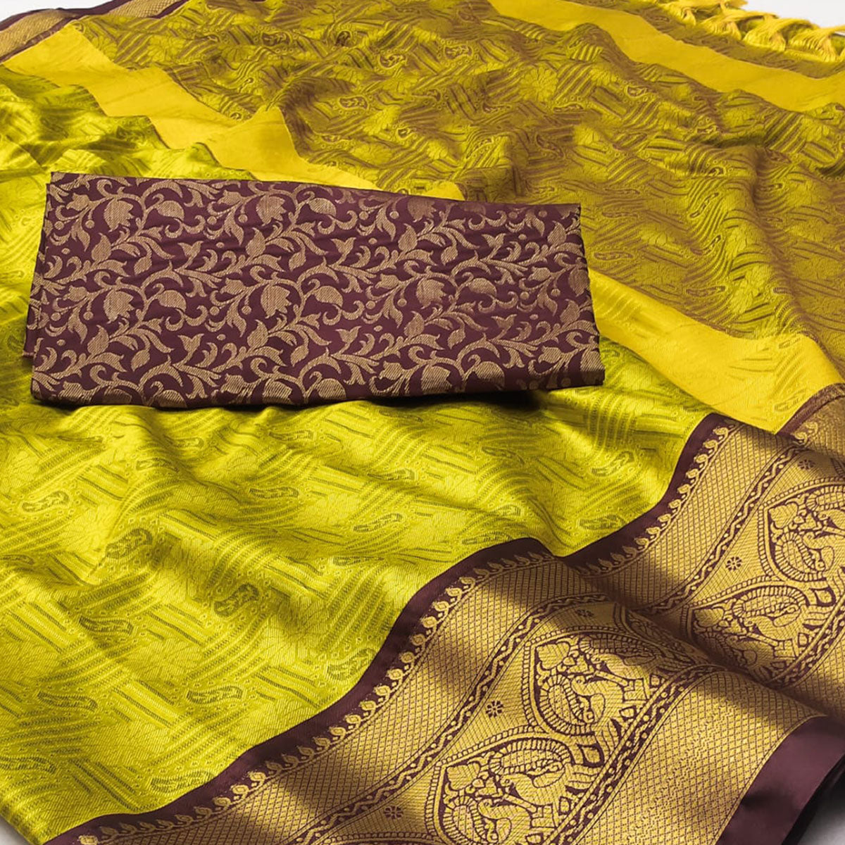 Lemon Green Maroon Woven Cotton Silk Saree With Tassels