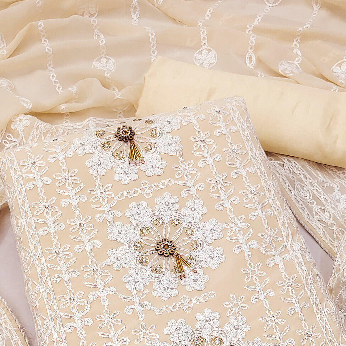 Yellow Lucknowi Embroidered Georgette Dress Material
