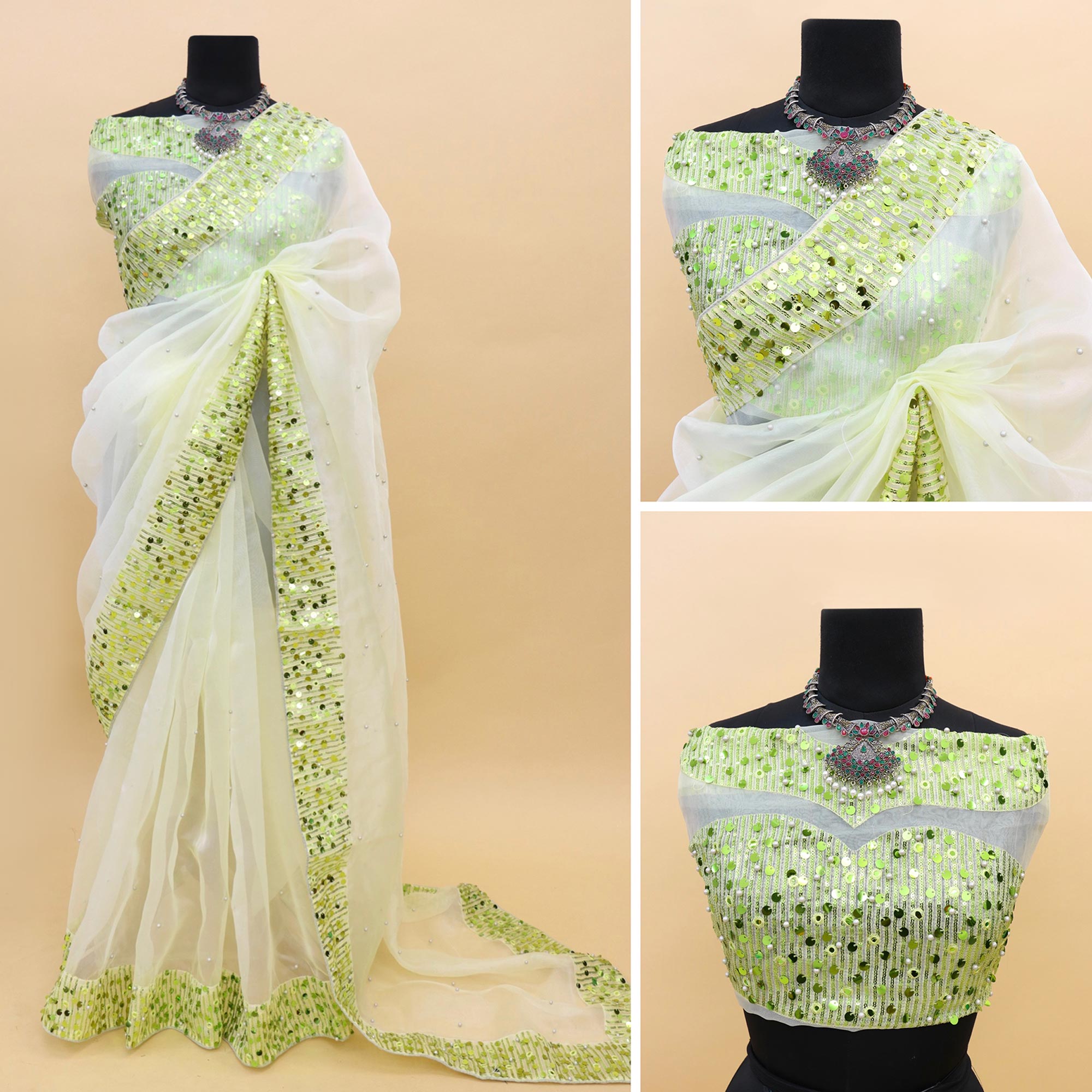 White Sequins Embroidered Organza Saree