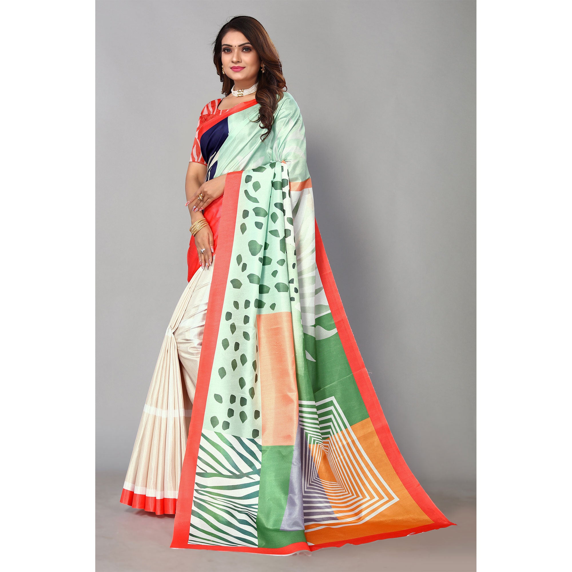 Multicolored Digital Printed Dola Silk Saree