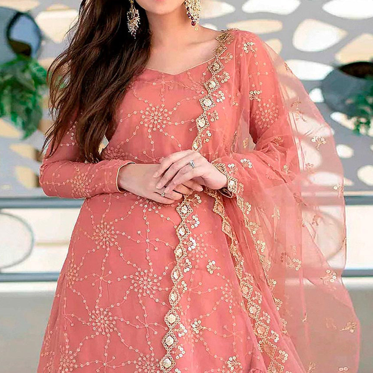 Peach Sequins Embroidered Georgette Semi Stitched Gharara Style Suit