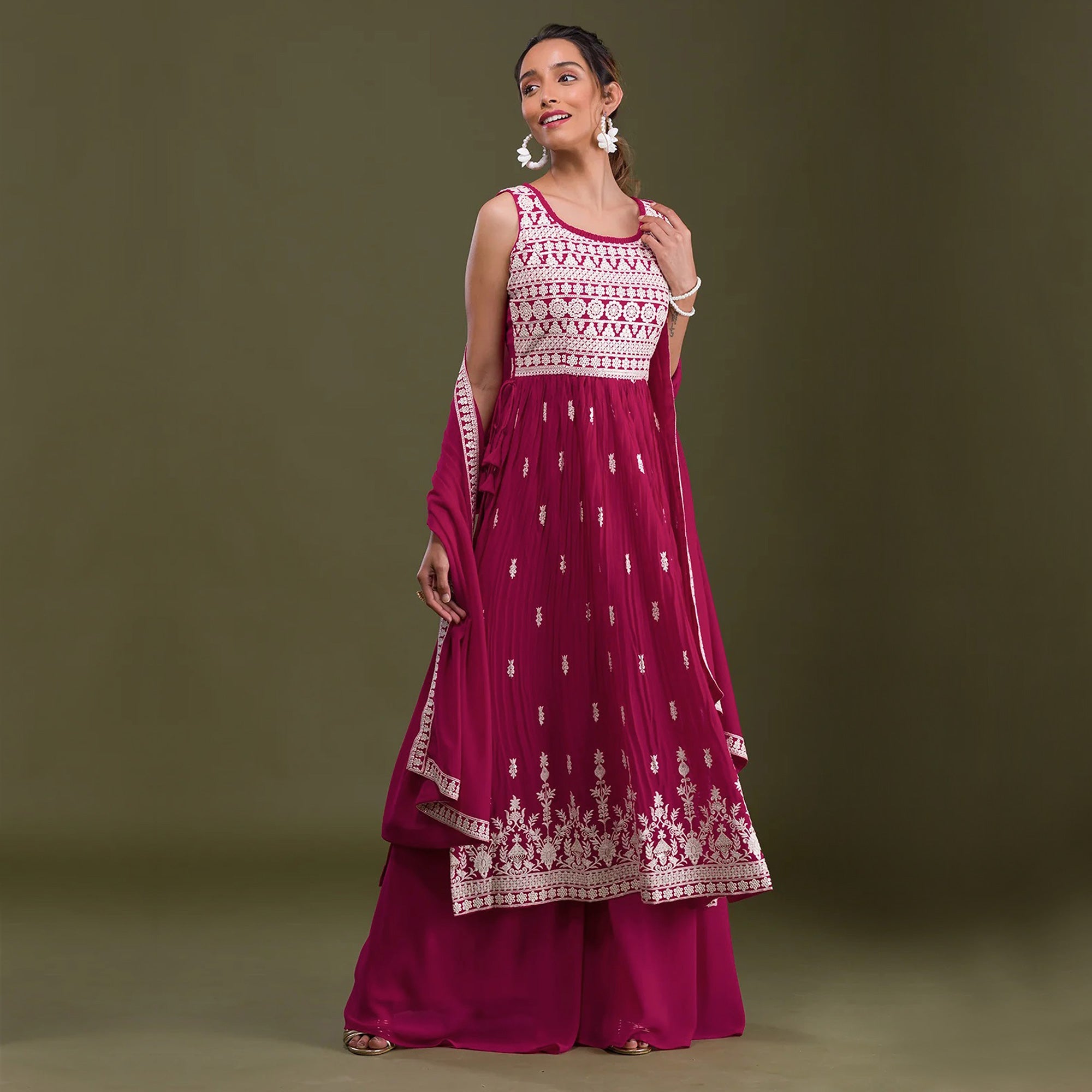 Pink Embroidered Georgette Naira Cut Semi Stitched Palazzo Suit