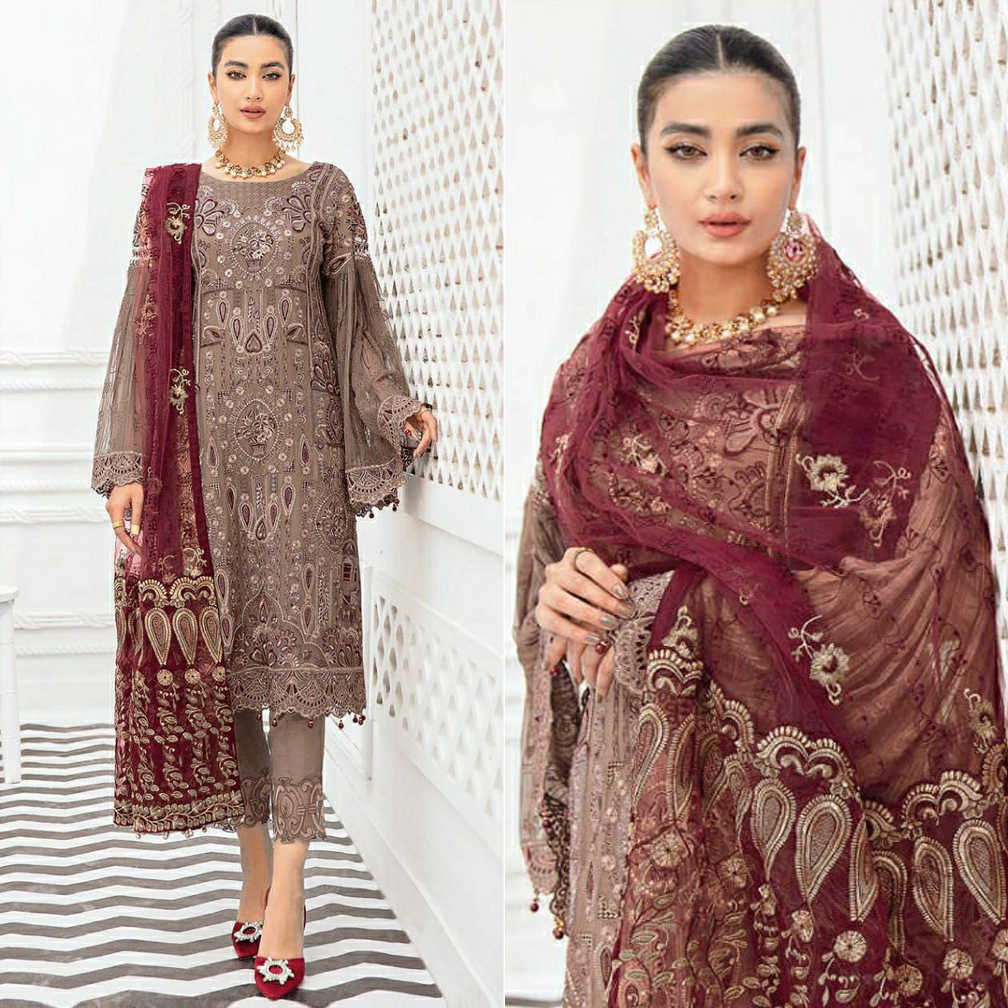 Brown Floral Embroidered Georgette Pakistani Suit