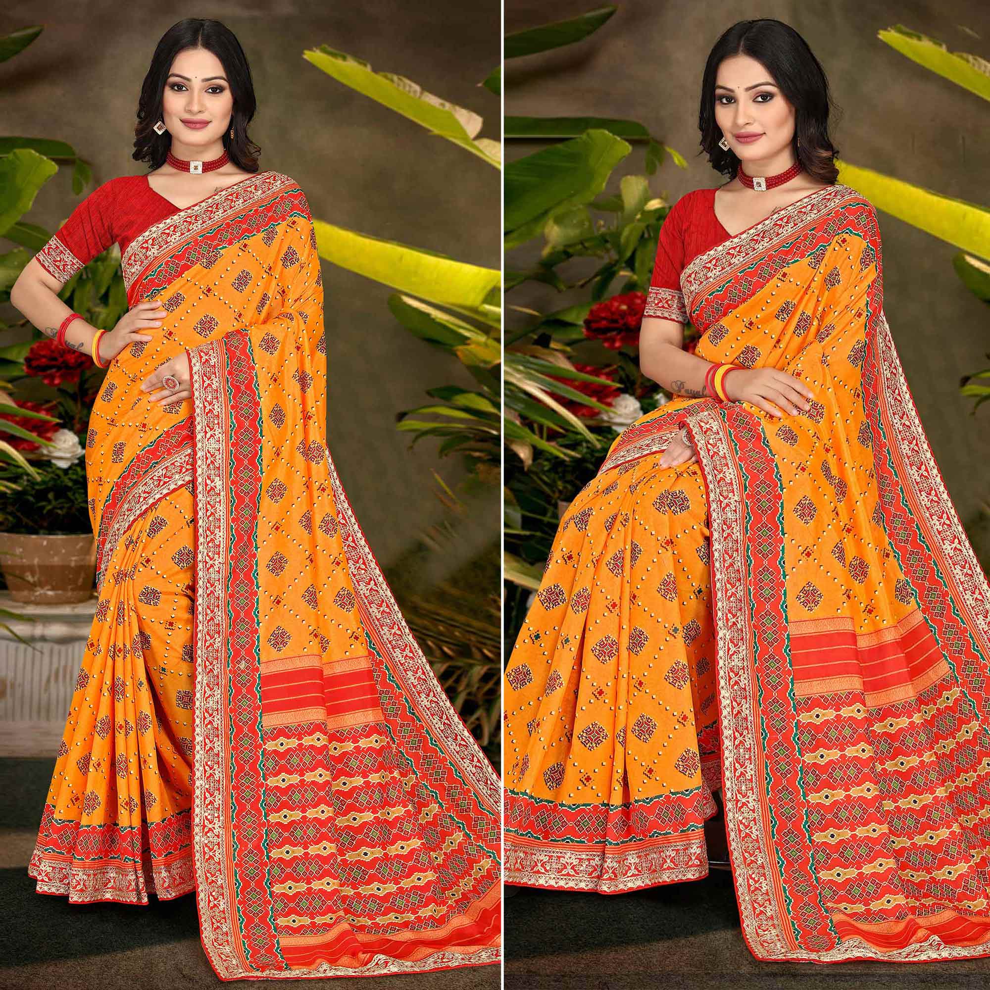 Mustard Digital Print With Sequins Vichitra Silk Saree