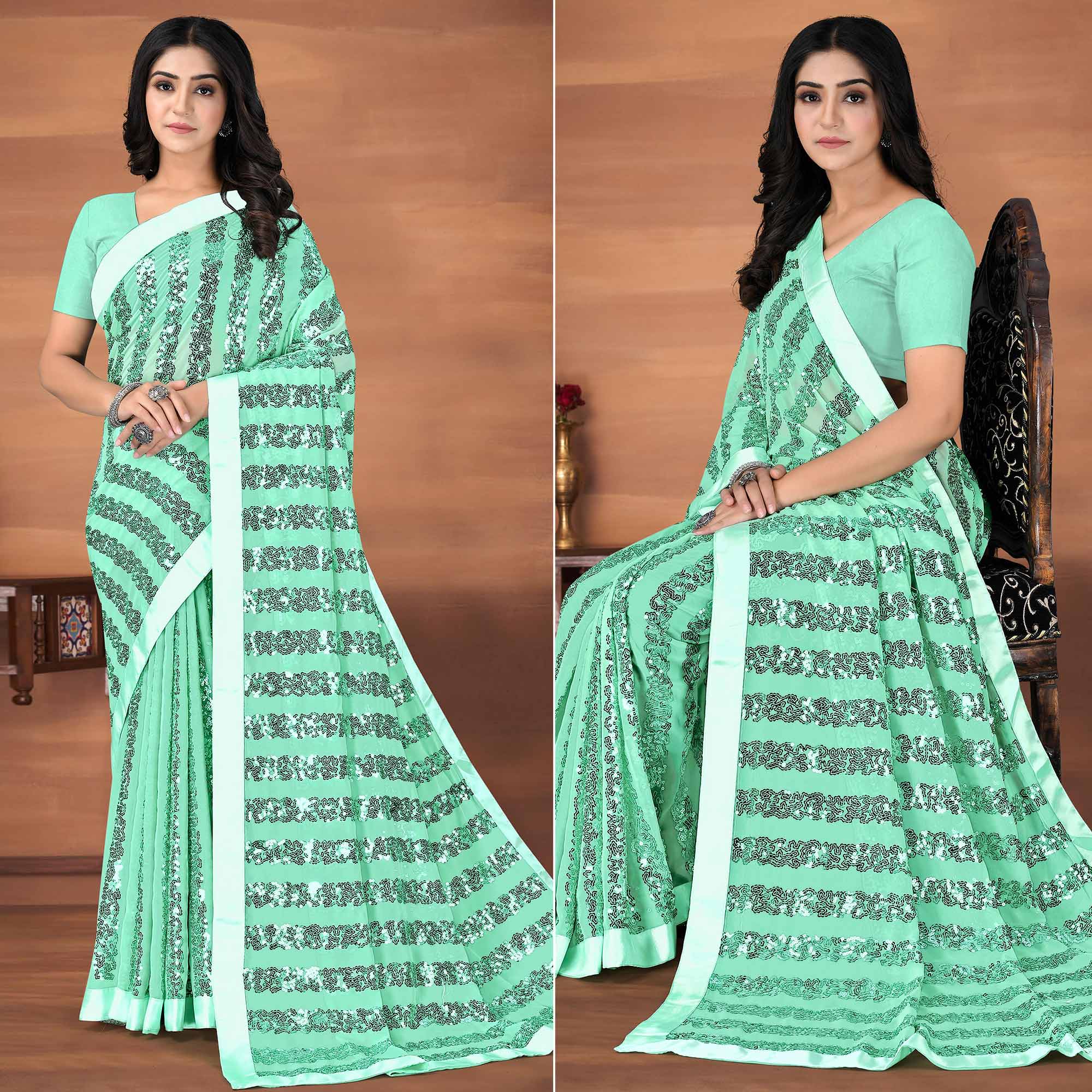 Aqua Green Sequins Embroidered Georgette Saree