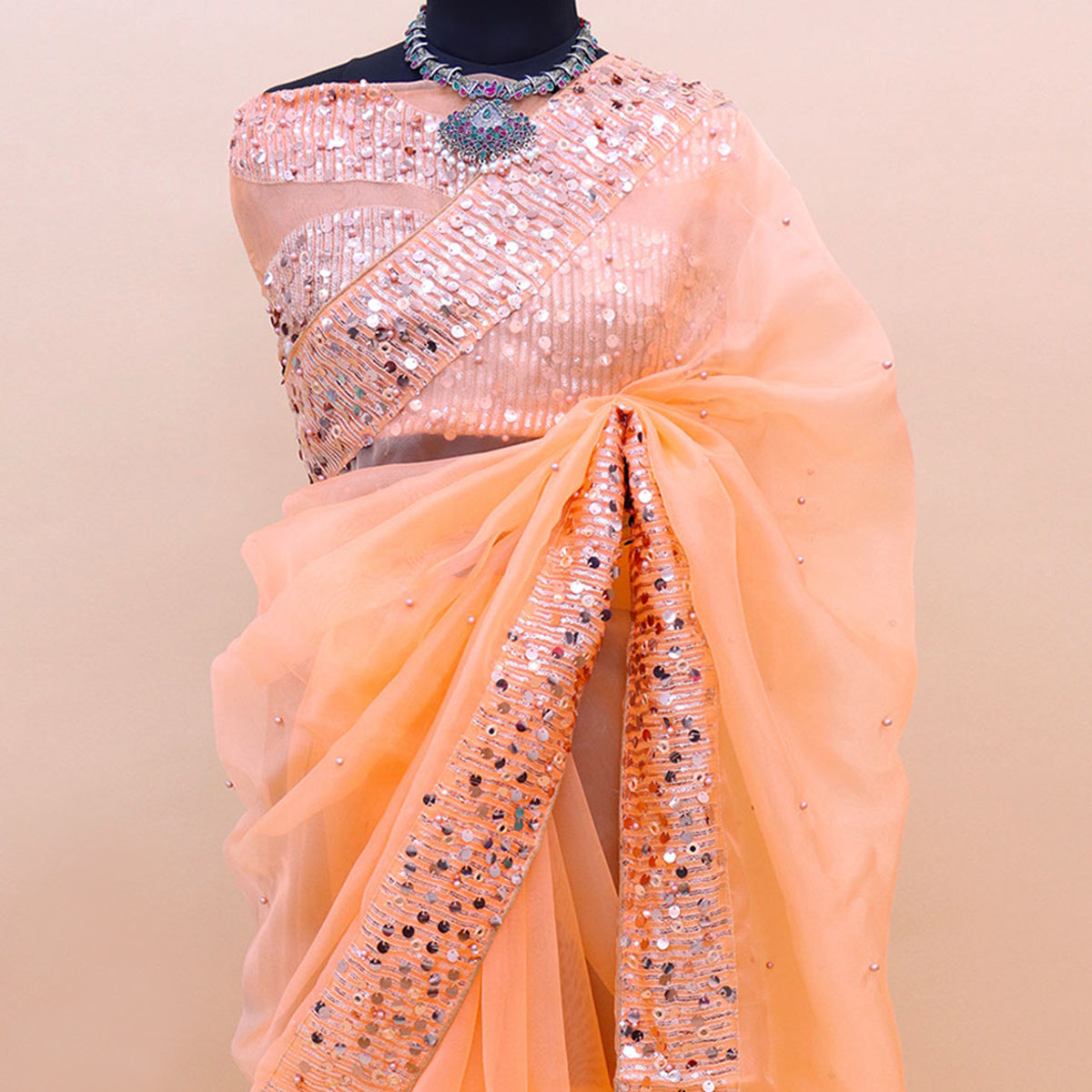 Peach Sequins Embroidered Organza Saree