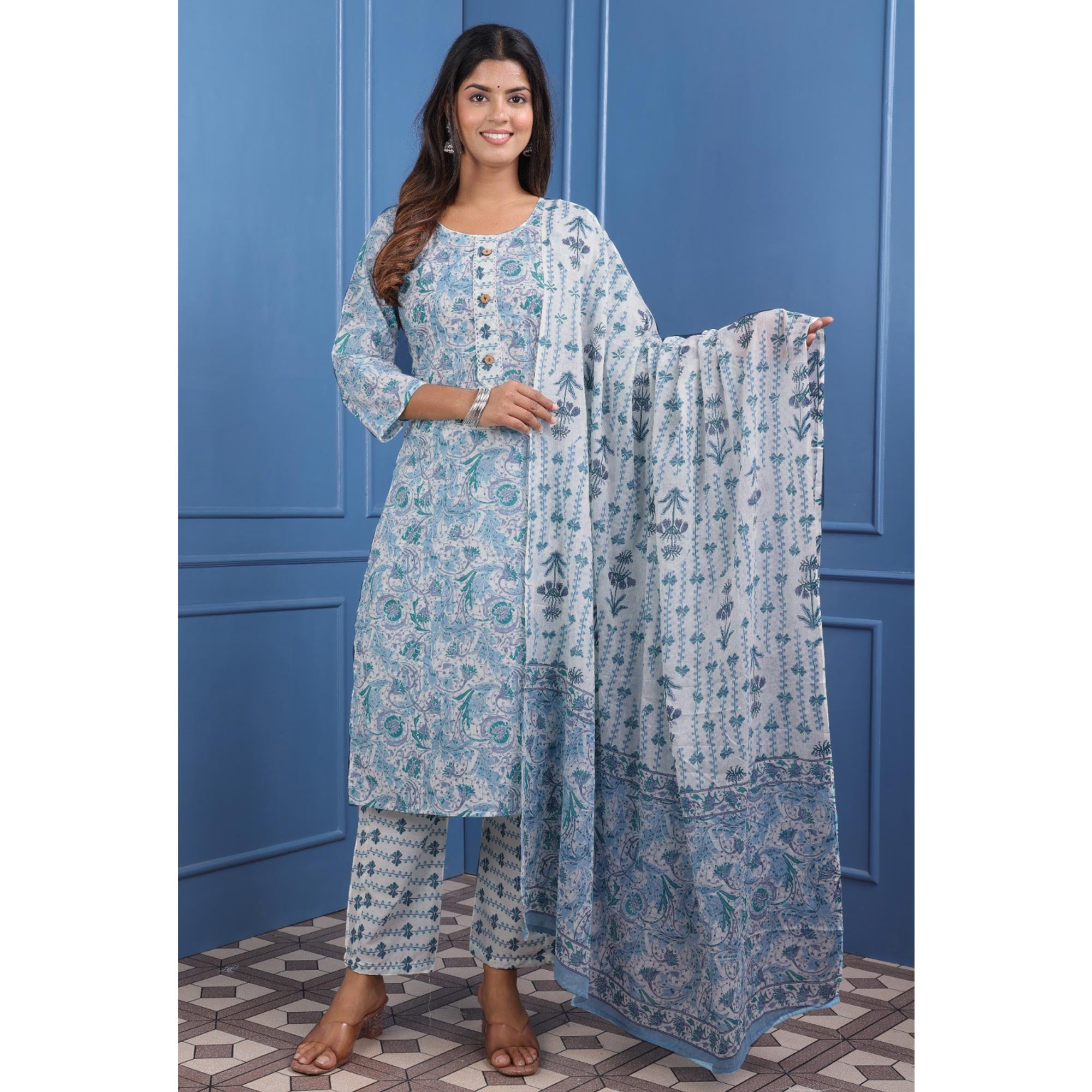 Blue Floral Printed Pure Cotton Suit