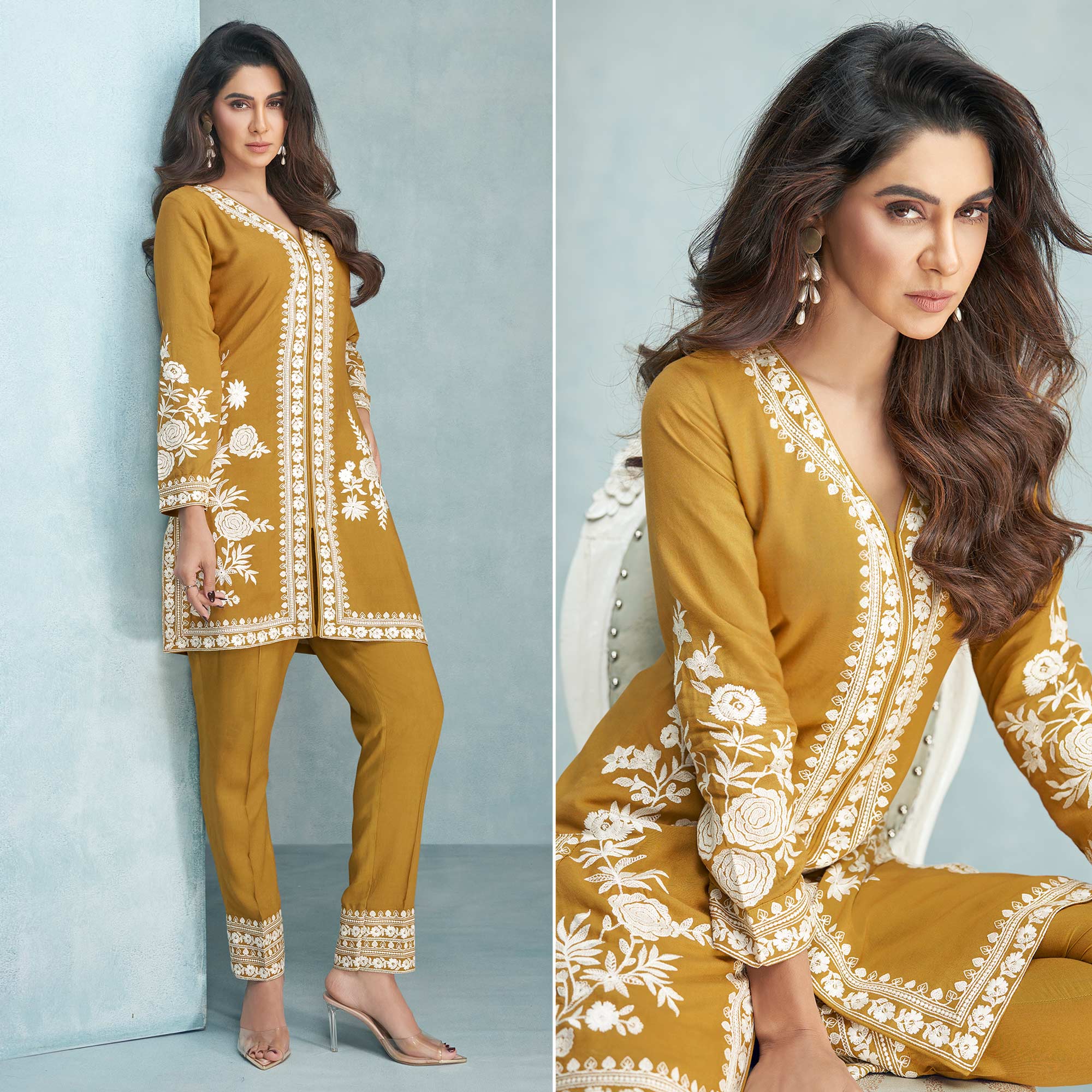 Mustard Floral Embroidered Rayon Kurti Co Ord Set