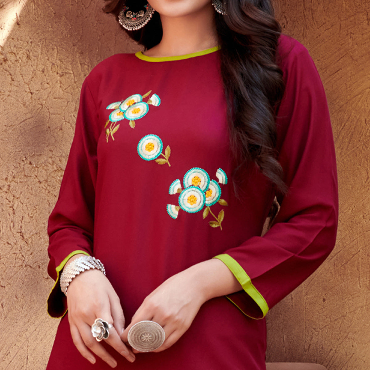 Maroon Floral Embroidered Rayon Kurti