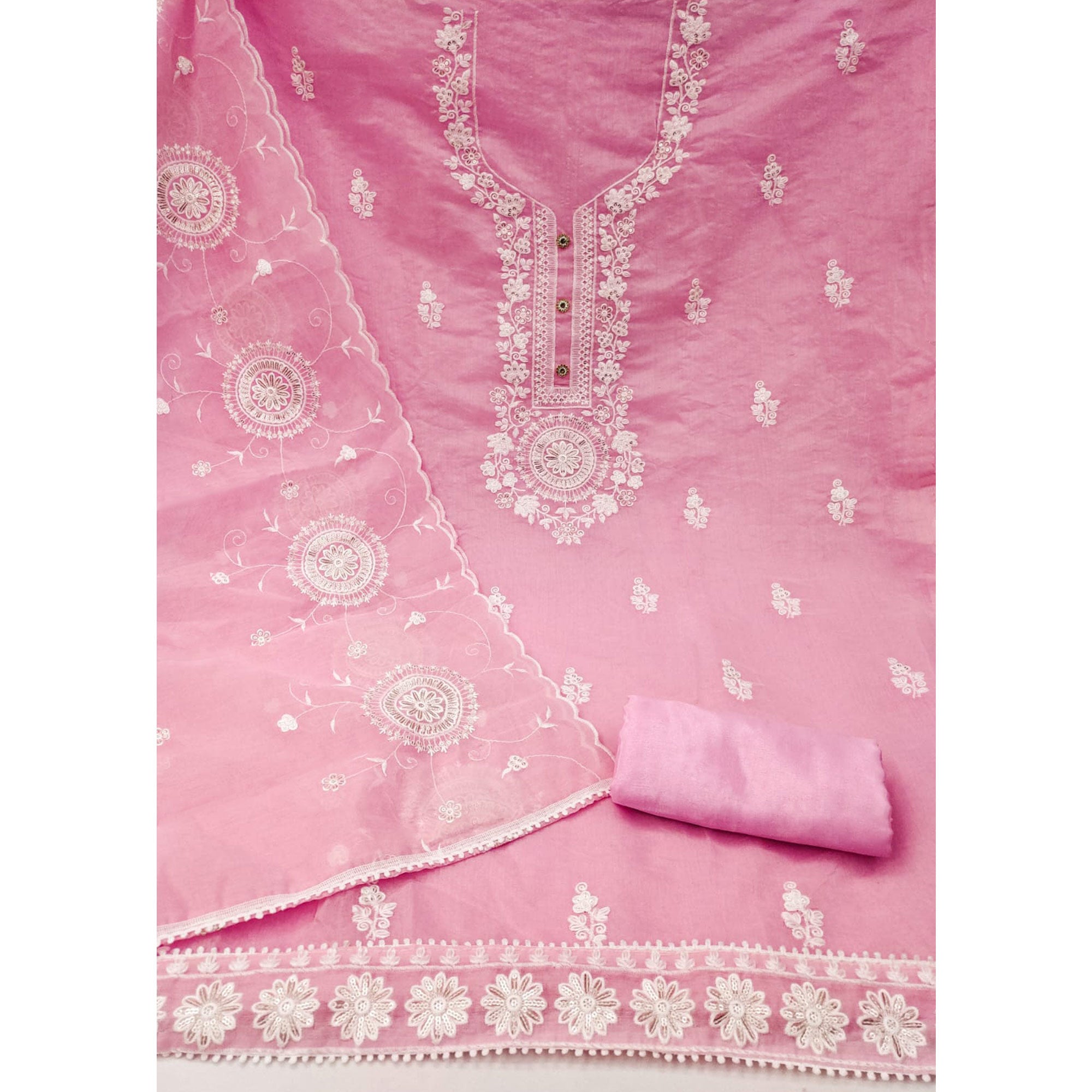 Pink Floral Embroidered Chanderi Dress Material